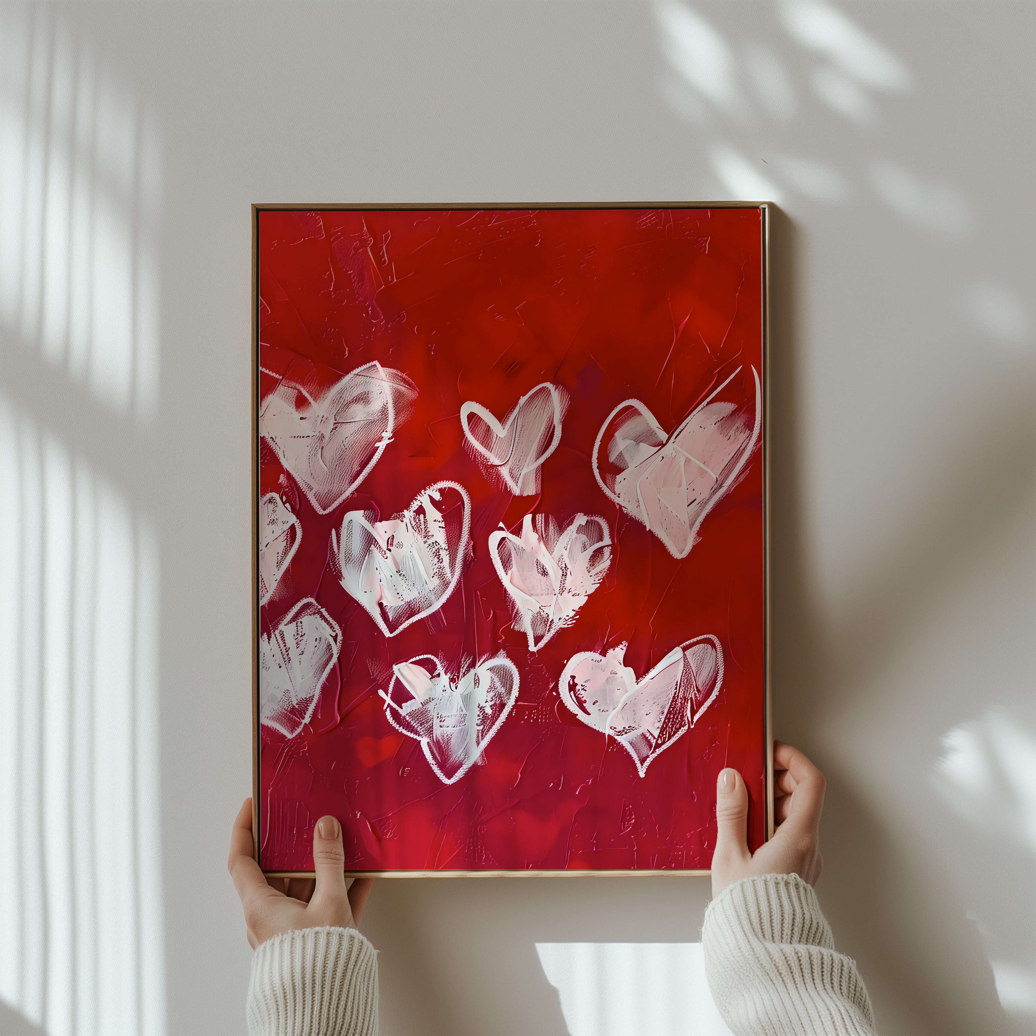 Hearts Ablaze: Expressive White Hearts on Red | Modern, Romantic & Passionate Wall Art