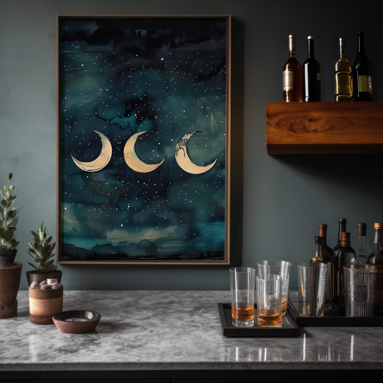 The Eternal Cycle: Watercolor Moon Phases on Starry Night | Celestial & Serene Wall Art