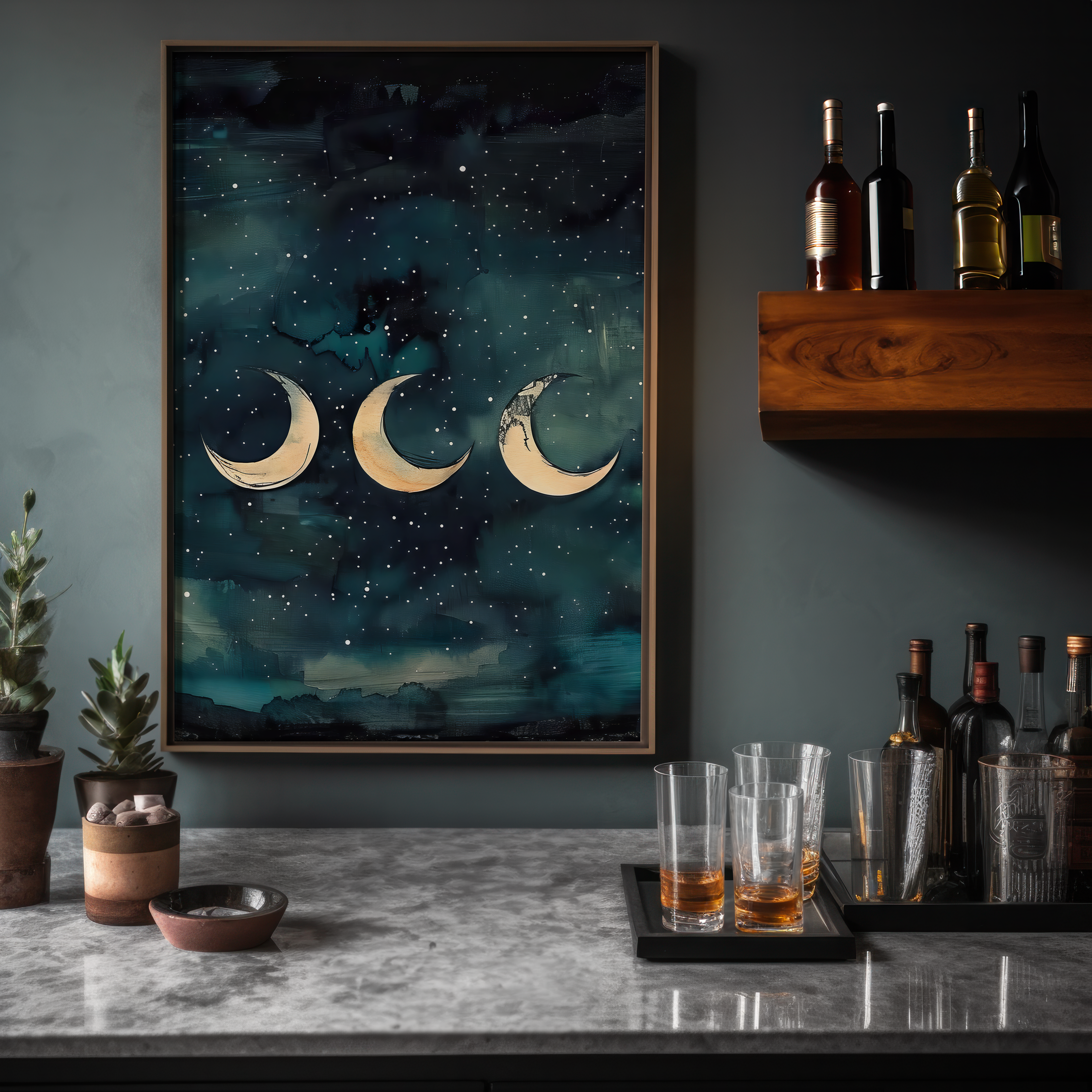 The Eternal Cycle: Watercolor Moon Phases on Starry Night | Celestial & Serene Wall Art
