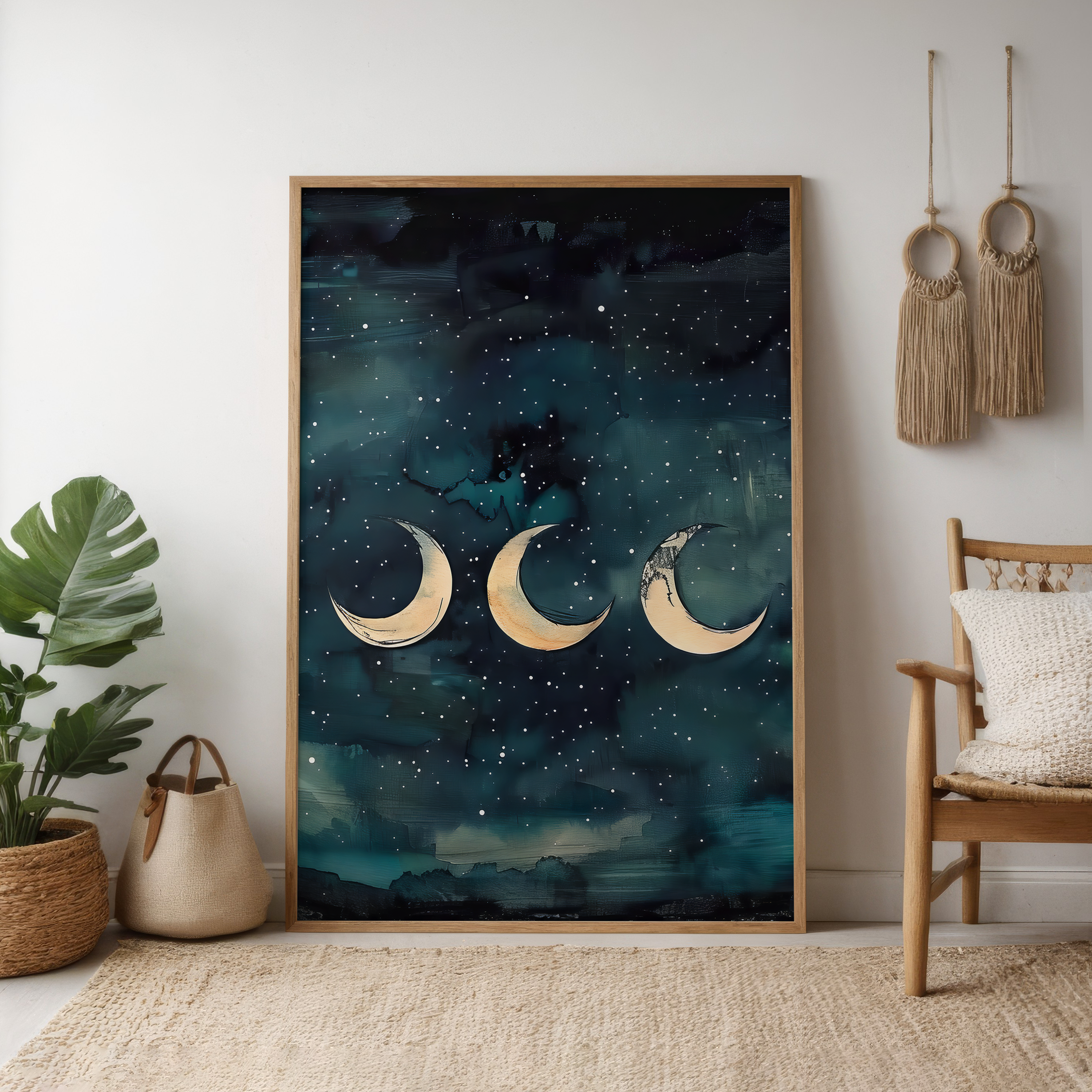 The Eternal Cycle: Watercolor Moon Phases on Starry Night | Celestial & Serene Wall Art