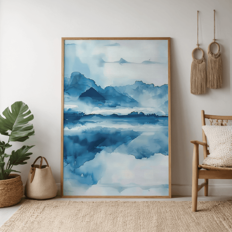 Mountain Lake Wall Art – Blue Mountain Decor | Misty Forest & Tranquil Lake Reflection Painting