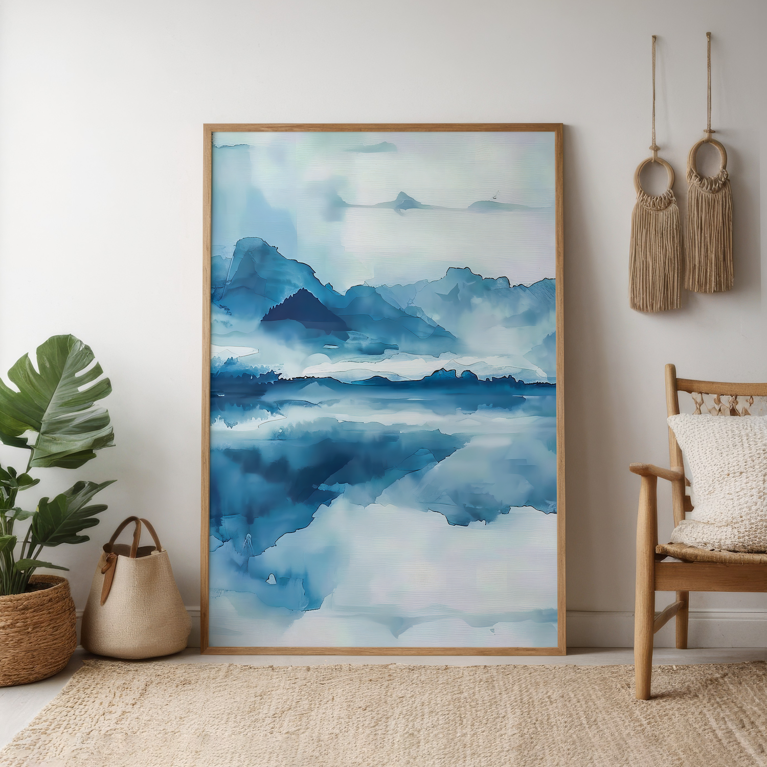 Mountain Serenity: Blue Mountain & Lake Reflection Art | Misty Forest & Tranquil Wall Decor