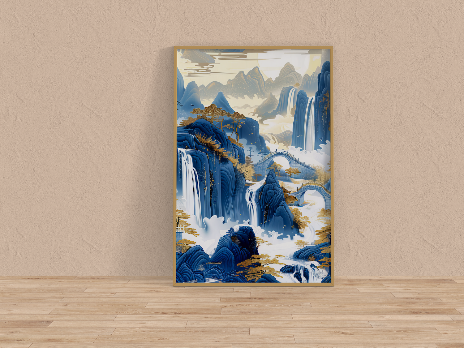 Golden Serenity: Chinese Mountain Landscape with Waterfalls | Traditional Blue & Gold Ink Painting