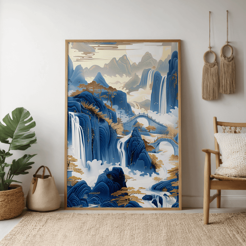 Chinese Ink Painting – Traditional Landscape Art with Mountain Waterfall in Blue Gold