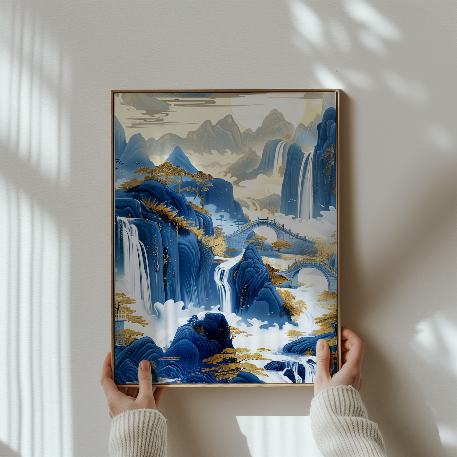 Golden Serenity: Chinese Mountain Landscape with Waterfalls | Traditional Blue & Gold Ink Painting