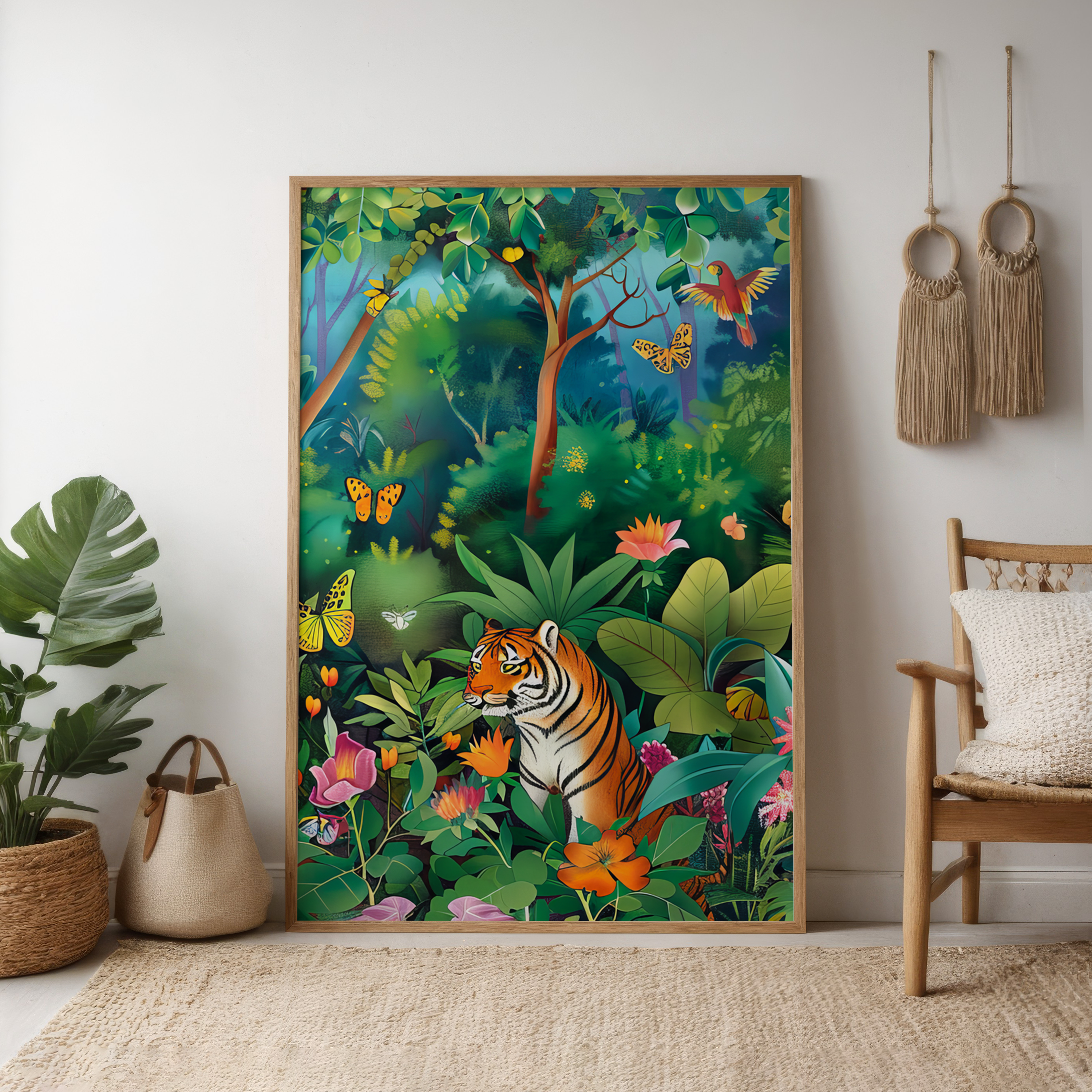 Jungle Majesty: Vibrant Bengal Tiger with Flowers & Butterflies | Exotic & Elegant Wall Art