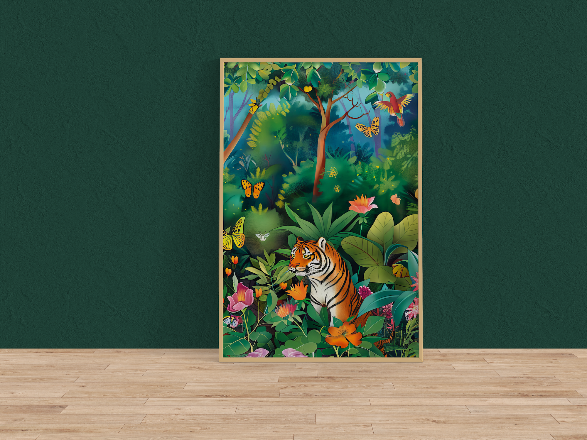 Jungle Majesty: Vibrant Bengal Tiger with Flowers & Butterflies | Exotic & Elegant Wall Art