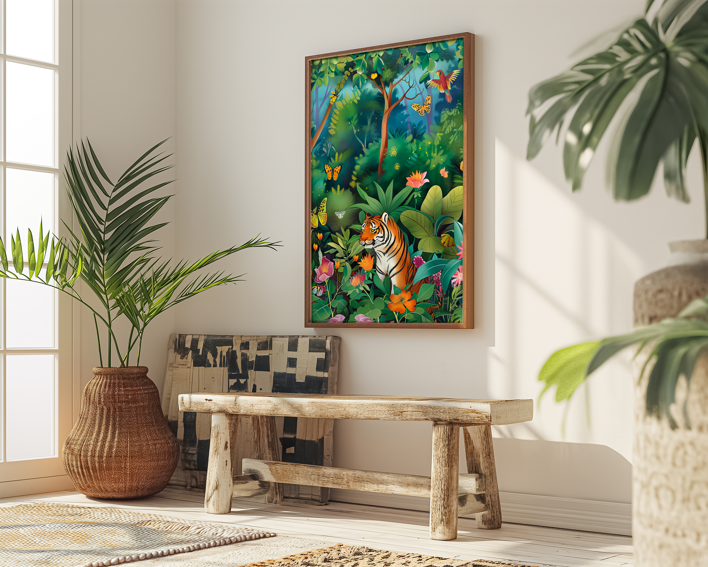 Jungle Majesty: Vibrant Bengal Tiger with Flowers & Butterflies | Exotic & Elegant Wall Art