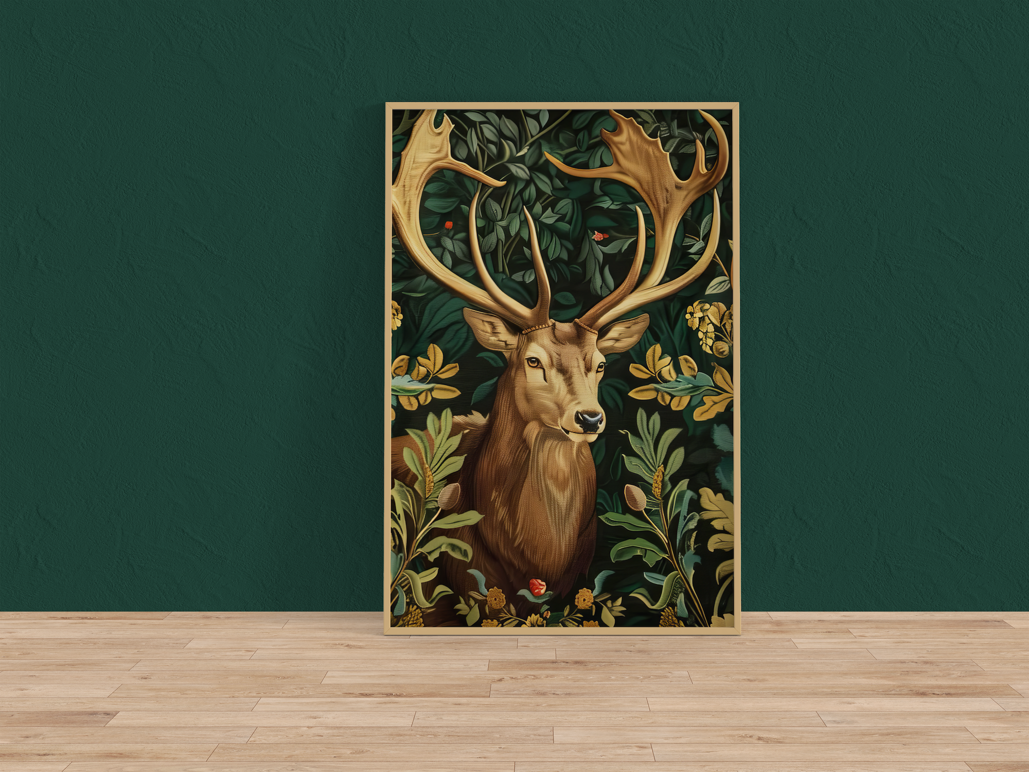 The Forest King: Majestic Stag & Floral Tapestry Art | Regal and Elegant Woodland Decor
