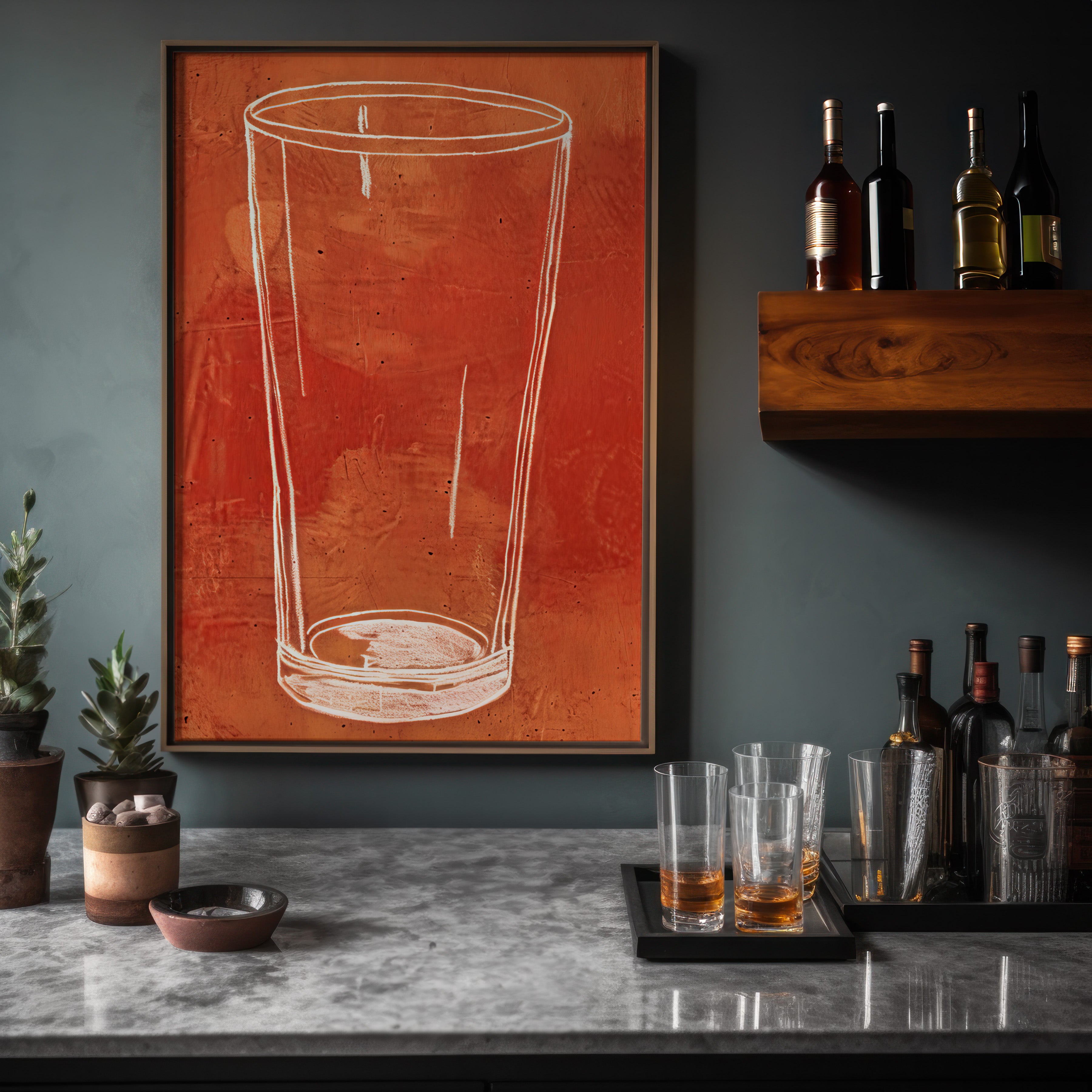 The Last Call: Modern Minimalist Beer Glass Sketch | Rustic Orange & White Wall Art