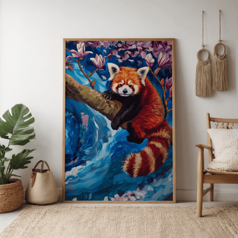 Whimsical Red Panda Art – Vibrant Fantasy Wall Decor | Magnolia Tree Print