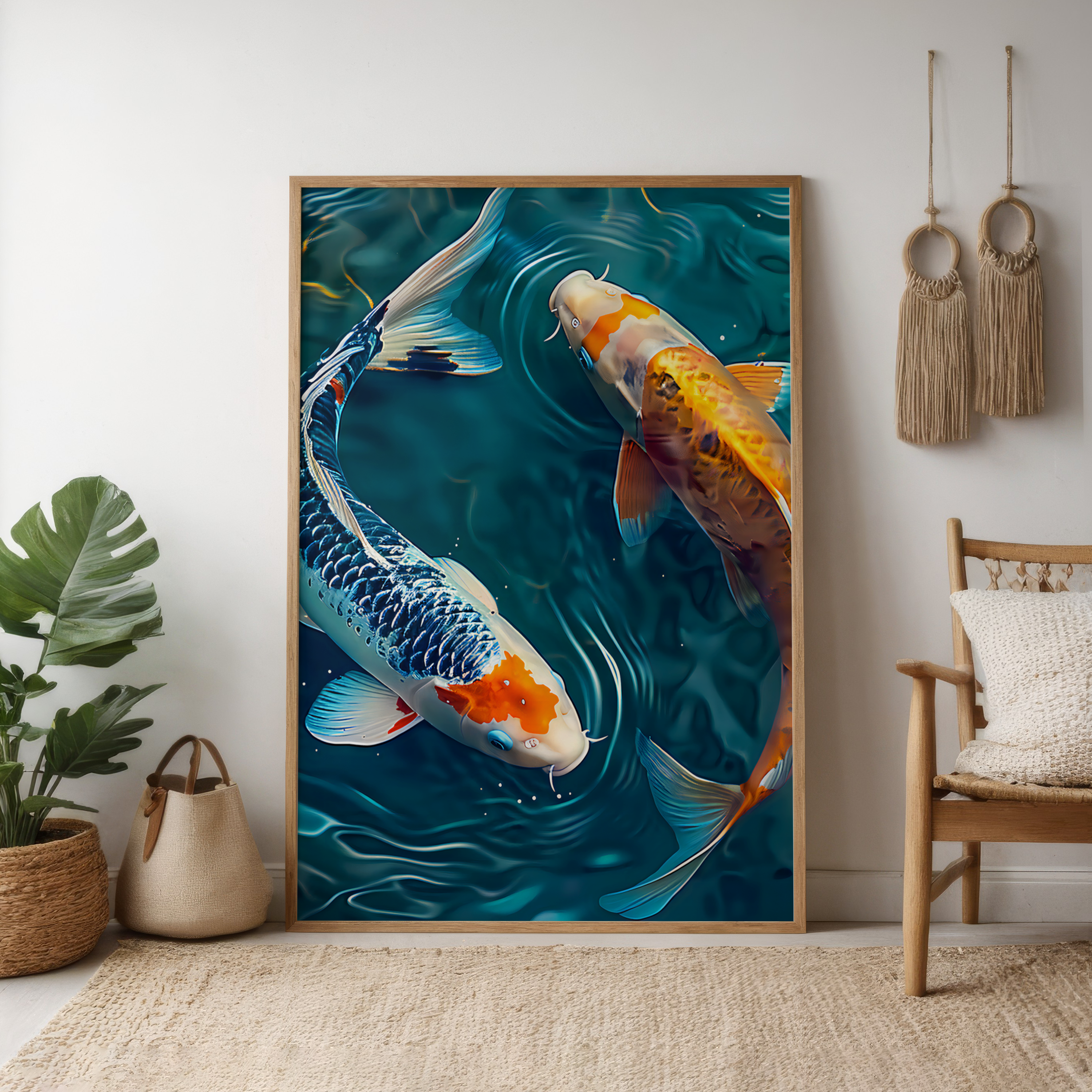 The Yin & Yang: Two Koi Fish in Rippling Pond | Serene & Elegant Japanese Inspired Art