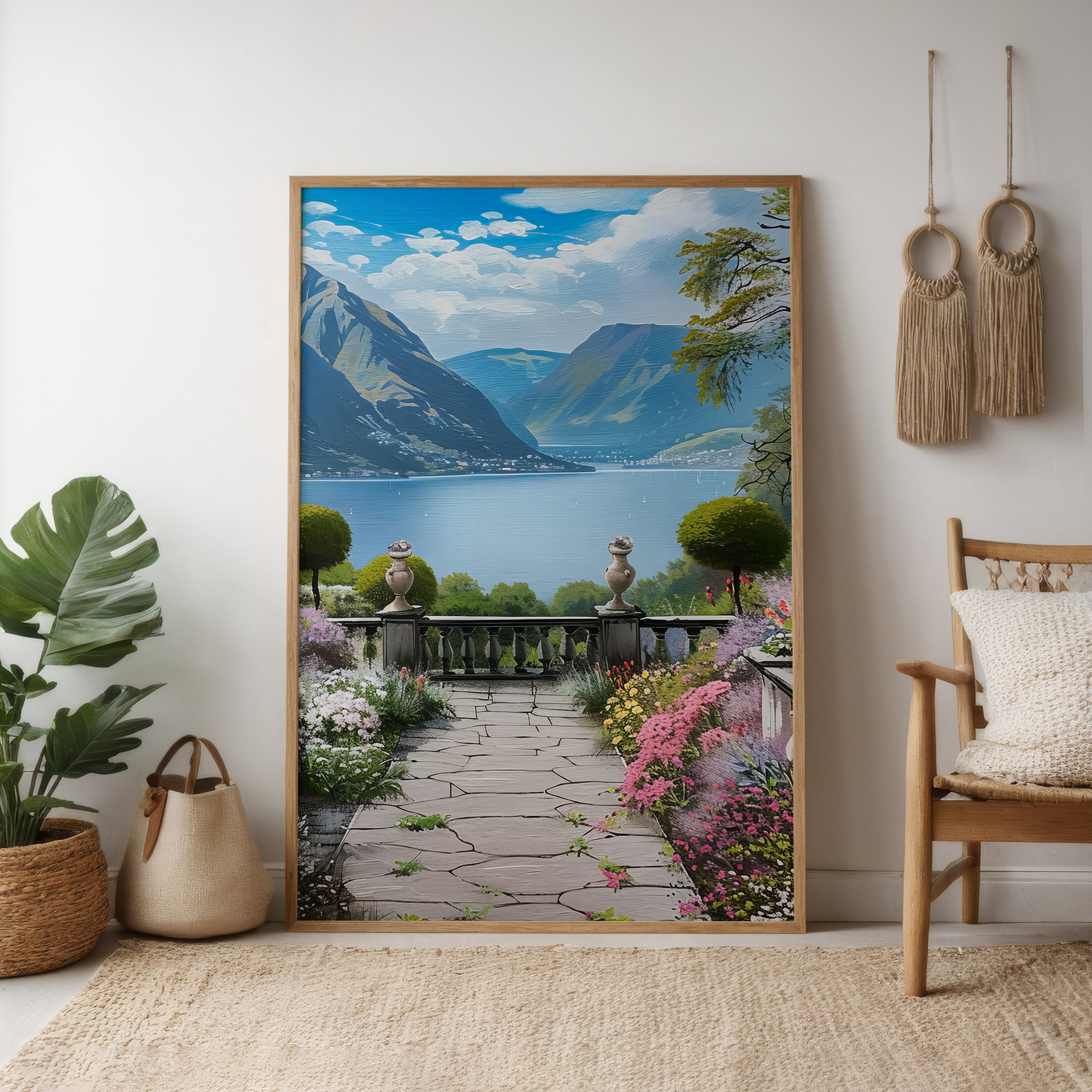 The Walled Garden: Tranquil Lake & Mountain Vista | Serene & Idyllic Landscape Art