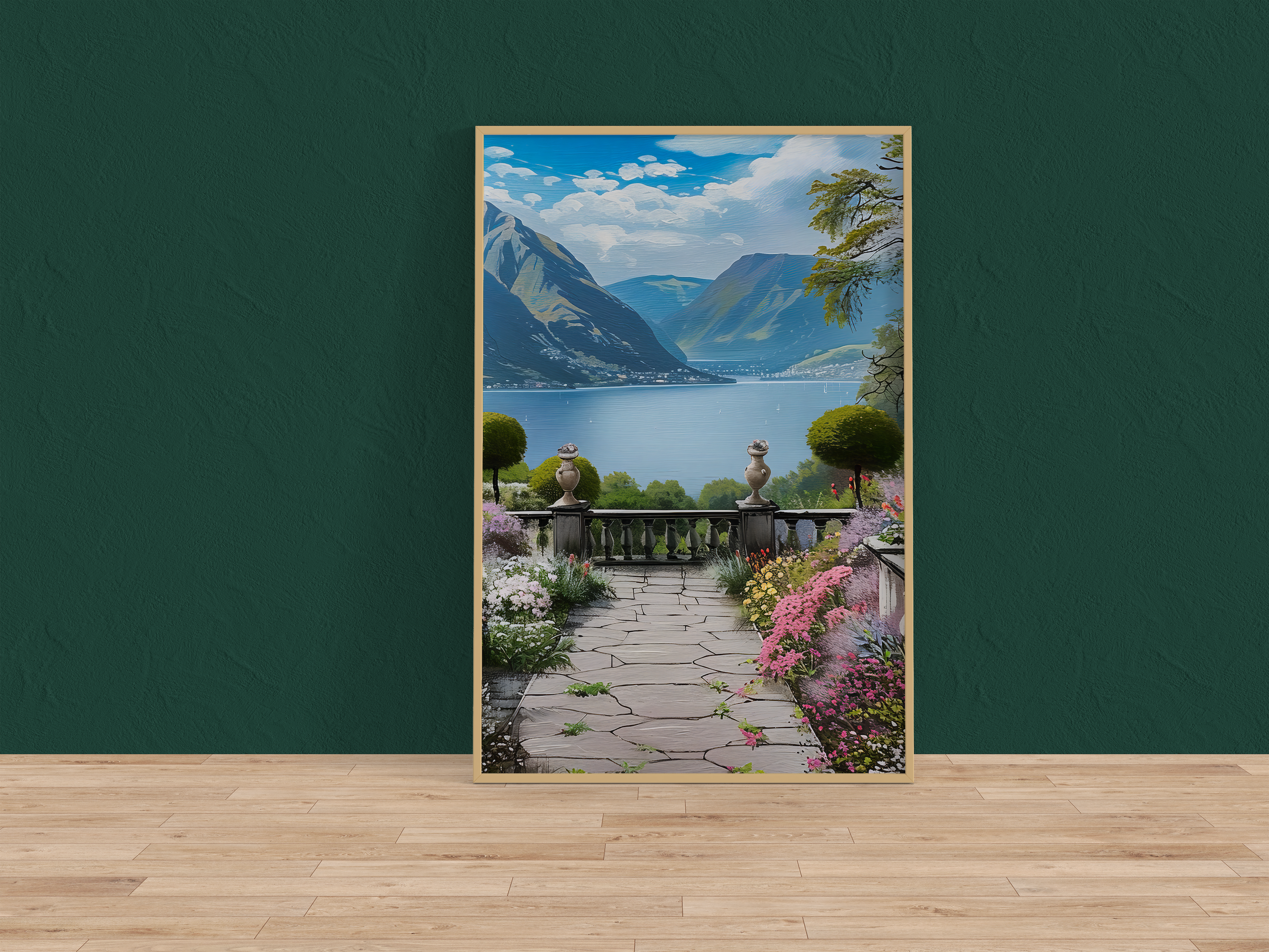 The Walled Garden: Tranquil Lake & Mountain Vista | Serene & Idyllic Landscape Art