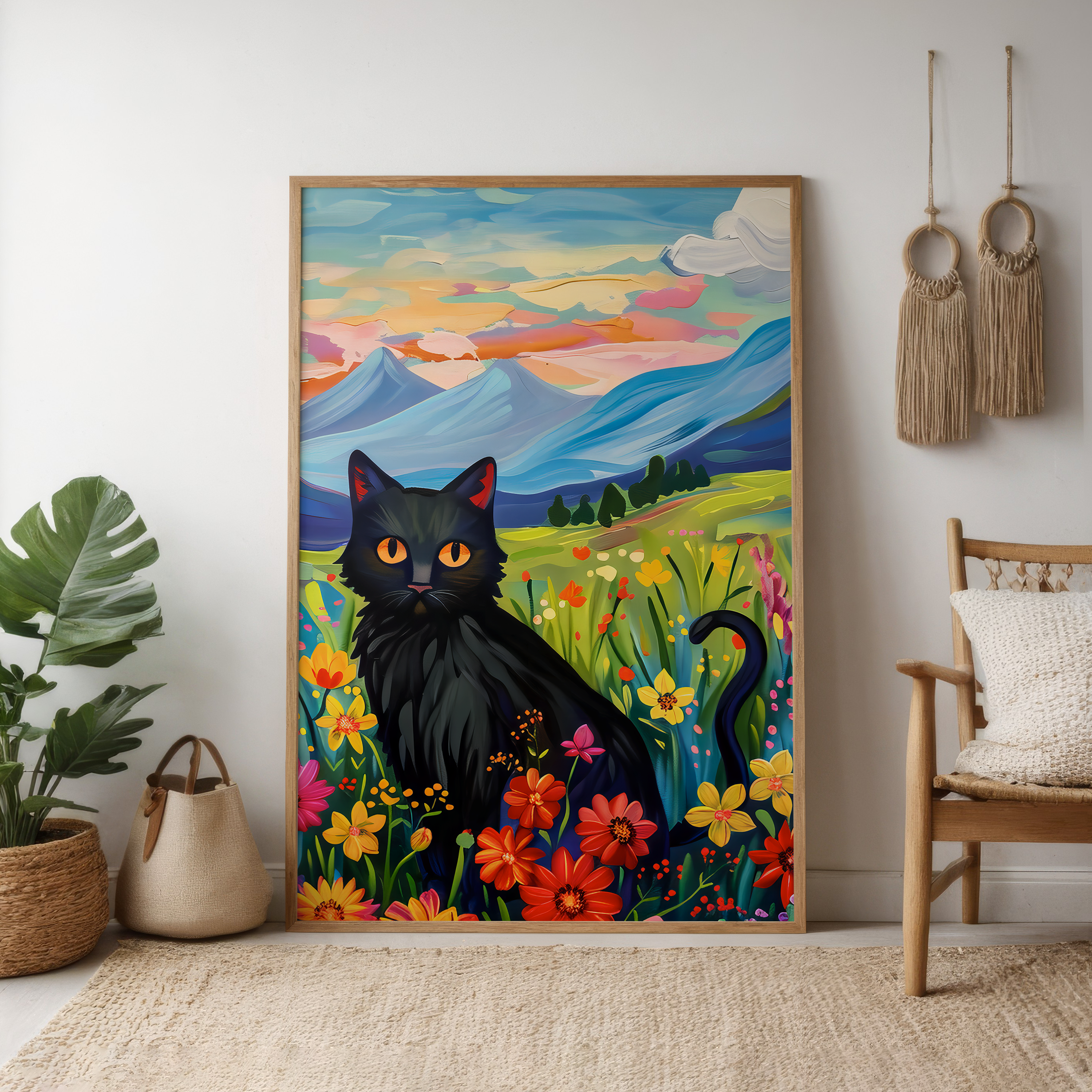 The Sunset Familiar: Black Cat in Wildflower Field at Sunset | Impressionist Mountain Landscape