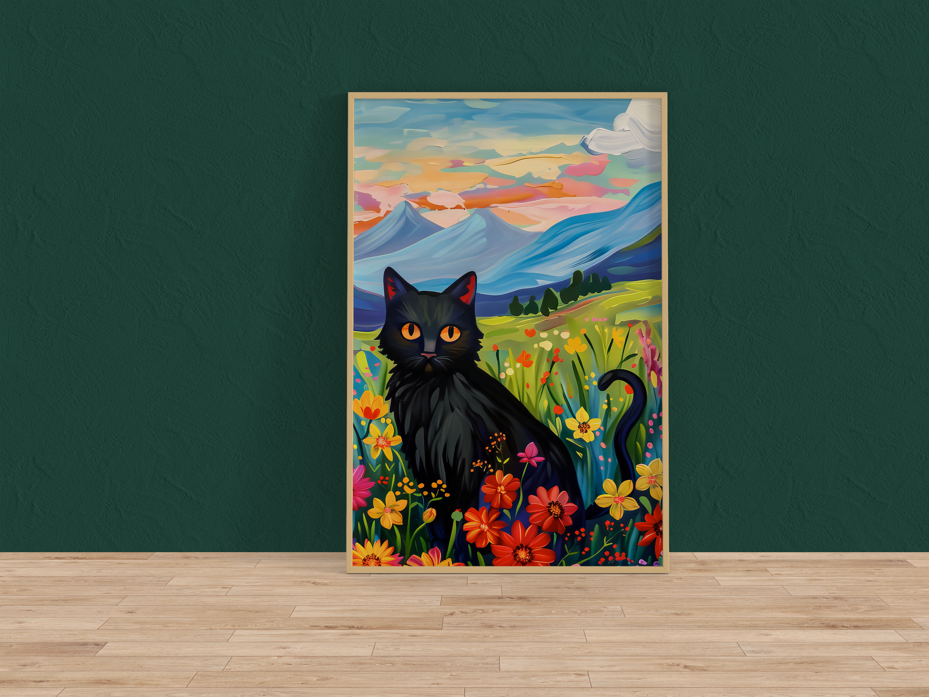 The Sunset Familiar: Black Cat in Wildflower Field at Sunset | Impressionist Mountain Landscape