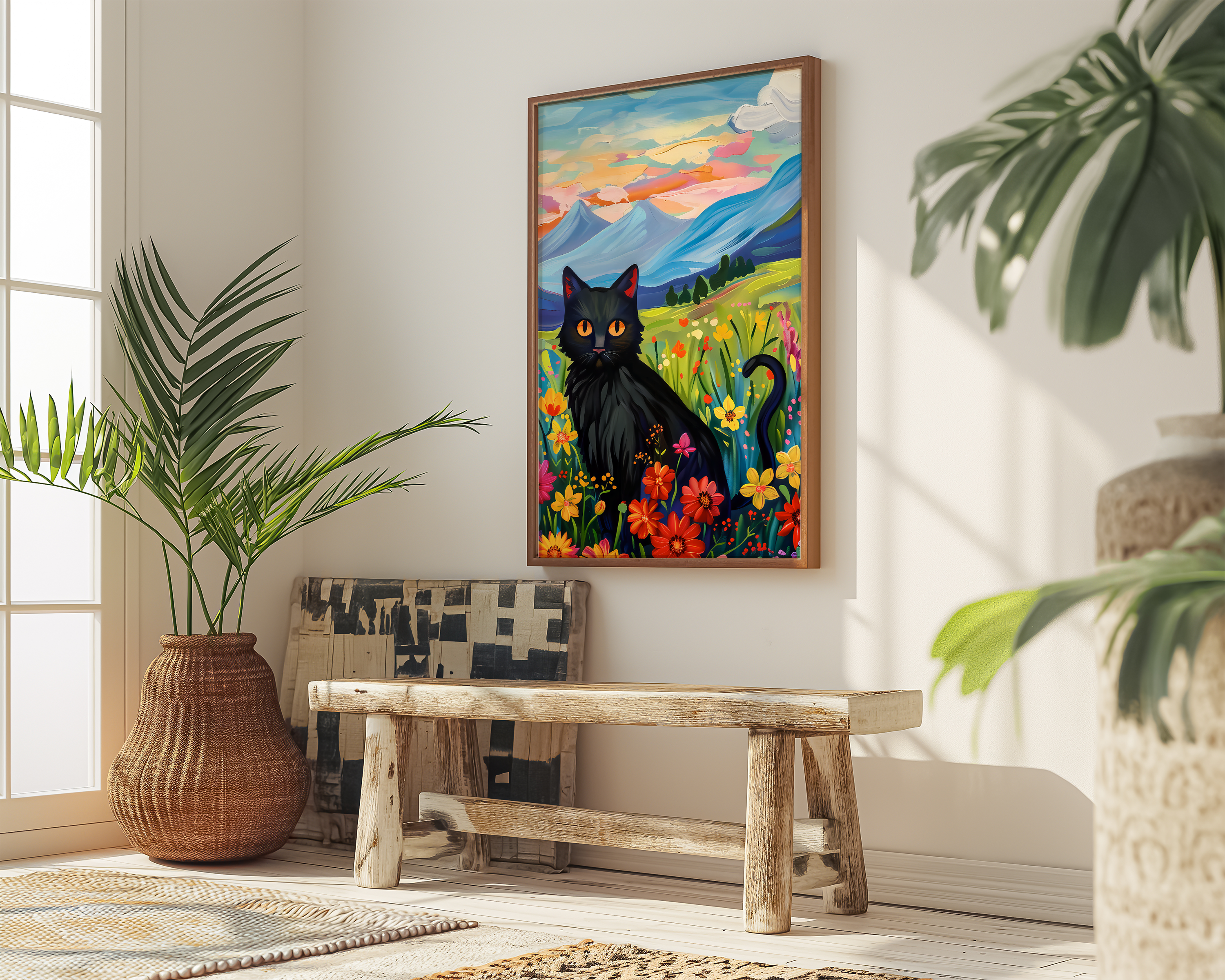 The Sunset Familiar: Black Cat in Wildflower Field at Sunset | Impressionist Mountain Landscape