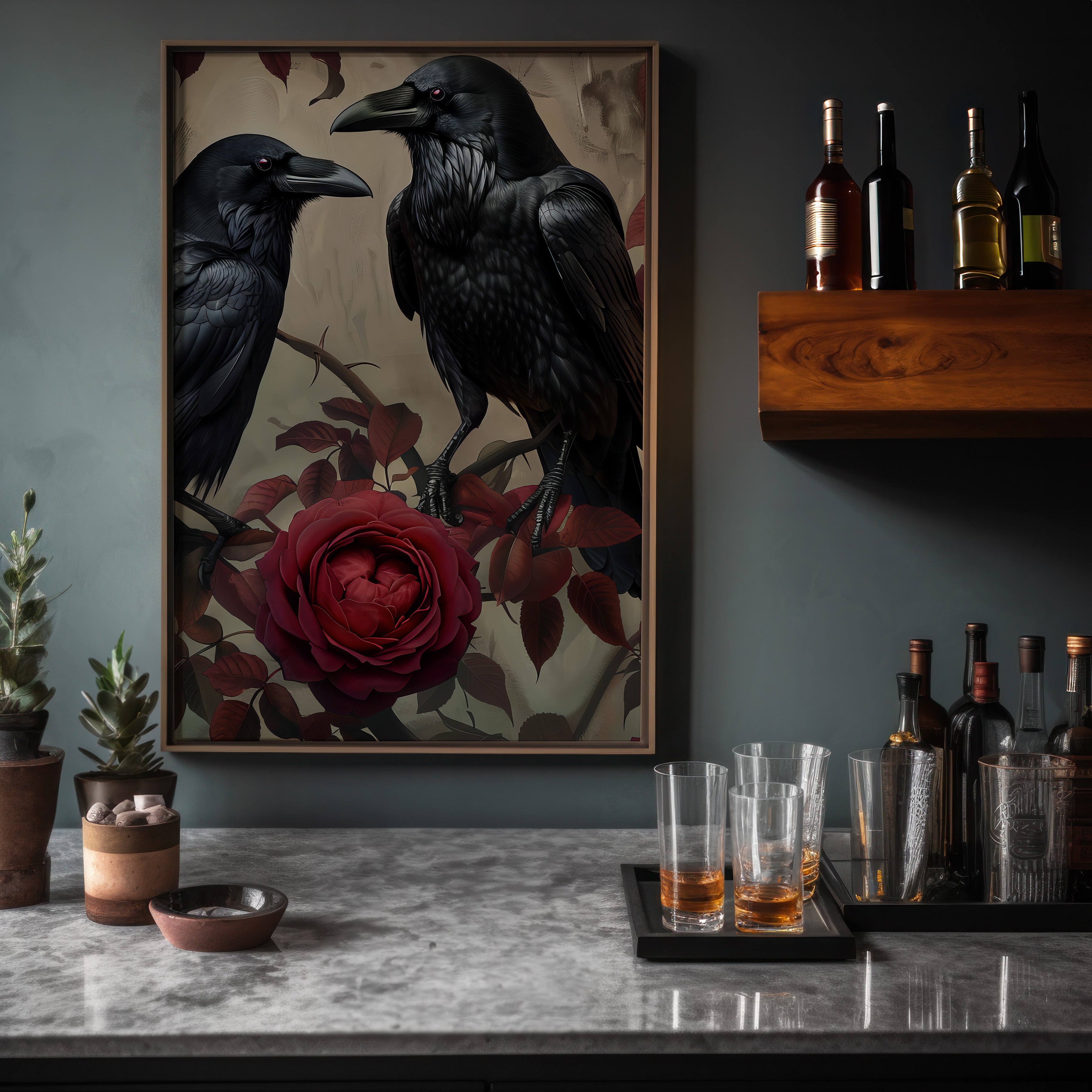 Ravens in Bloom: Dark & Moody Red Rose and Raven Art | Gothic & Elegant Wall Decor