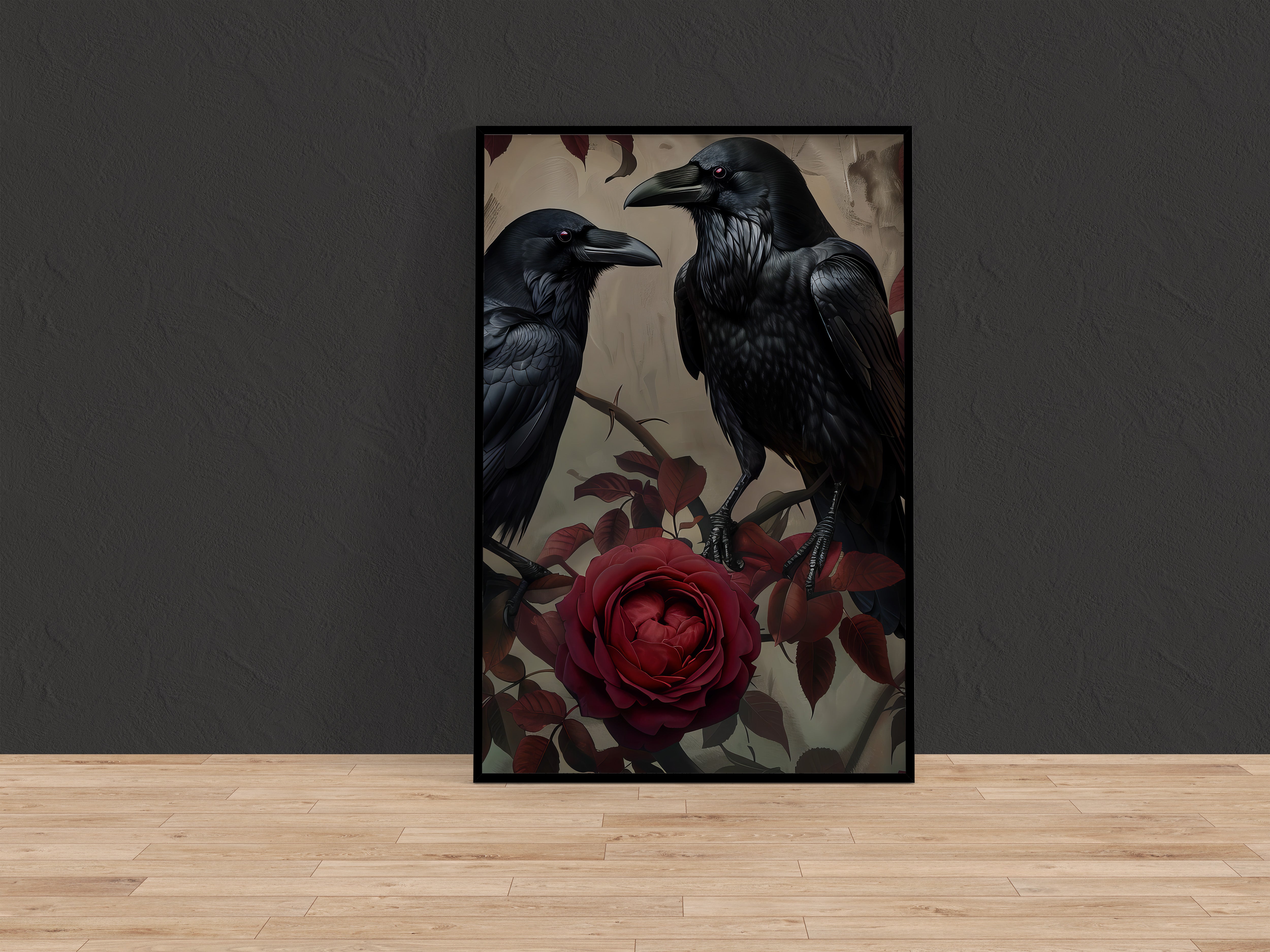 Ravens in Bloom: Dark & Moody Red Rose and Raven Art | Gothic & Elegant Wall Decor