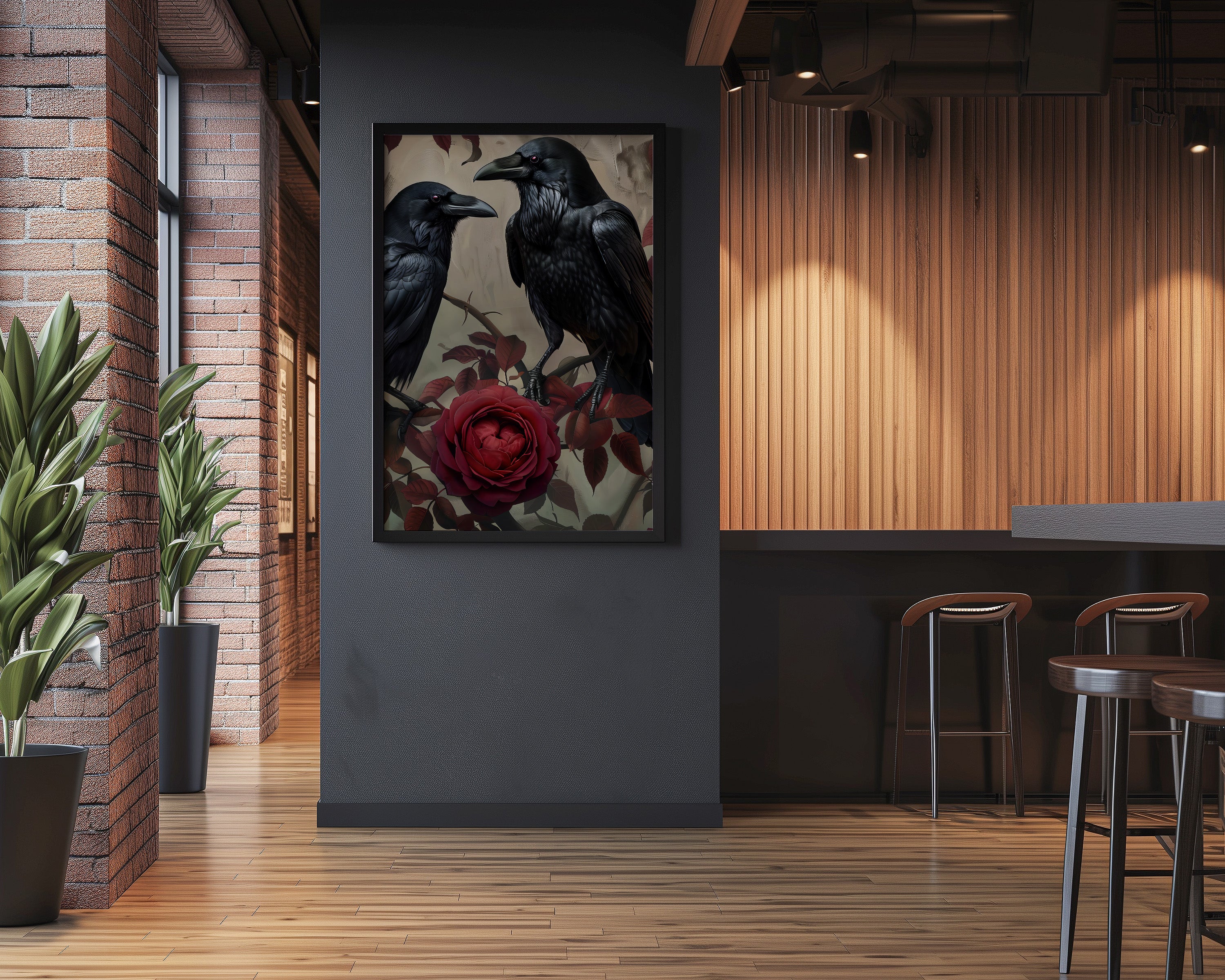 Ravens in Bloom: Dark & Moody Red Rose and Raven Art | Gothic & Elegant Wall Decor