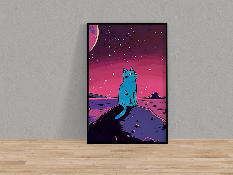 Fantastical Blue Cat Art – Whimsical Space Print | Pink Planet Dreamscape