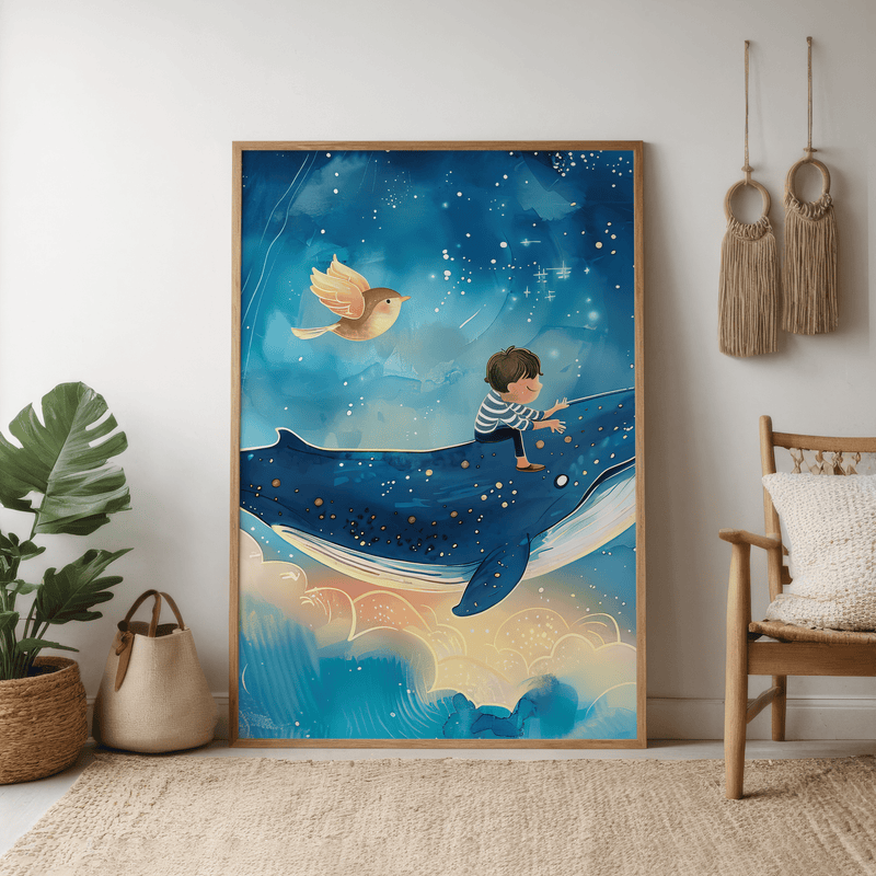 Whimsical Journey Wall Art – Flying Whale Art | Magical Night Sky Poster