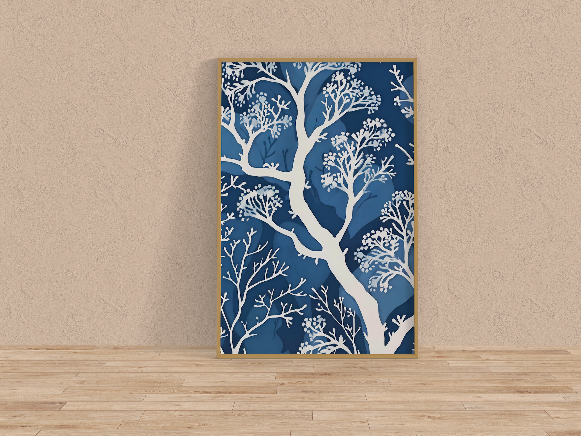 The Blue Forest: Delicate White Tree & Leaf Batik Pattern | Serene & Elegant Wall Decor
