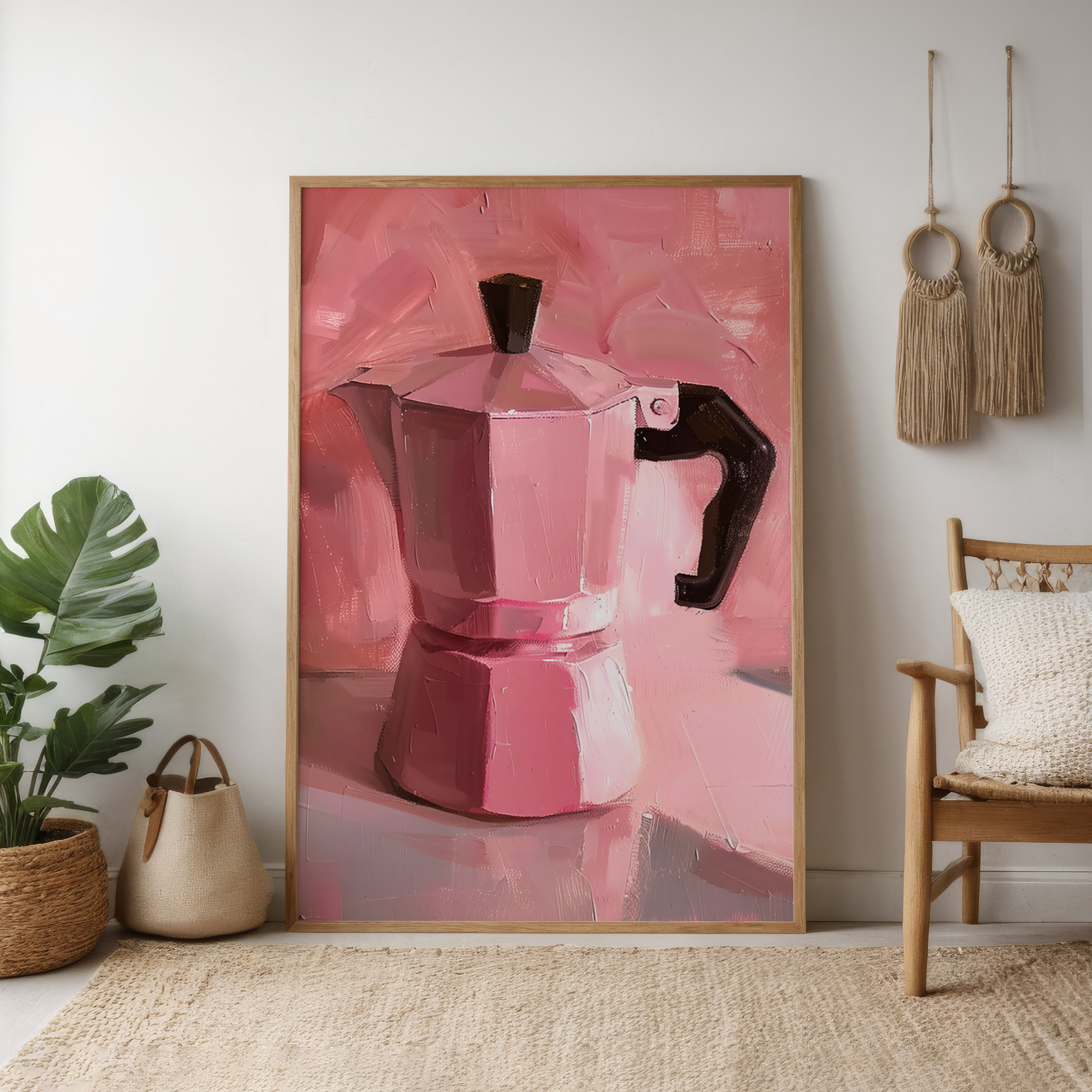 The Morning Ritual: Chic Pink Moka Pot Still Life | Modern Kitchen & Coffee Bar Art