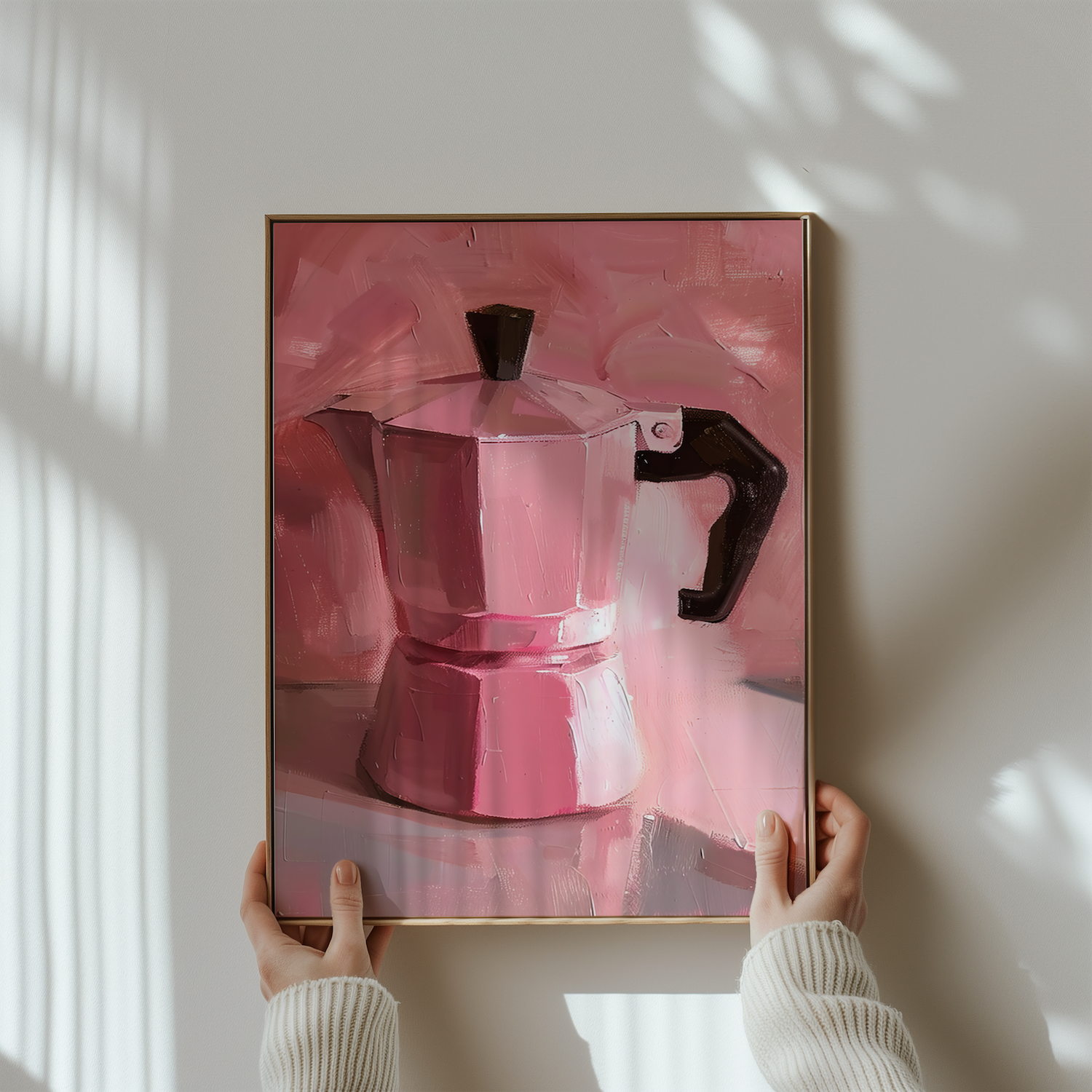 The Morning Ritual: Chic Pink Moka Pot Still Life | Modern Kitchen & Coffee Bar Art