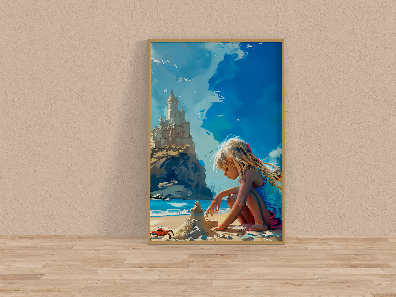 The Little Architect: Whimsical Girl Building Sandcastle Art | Childhood Beach & Nursery Decor