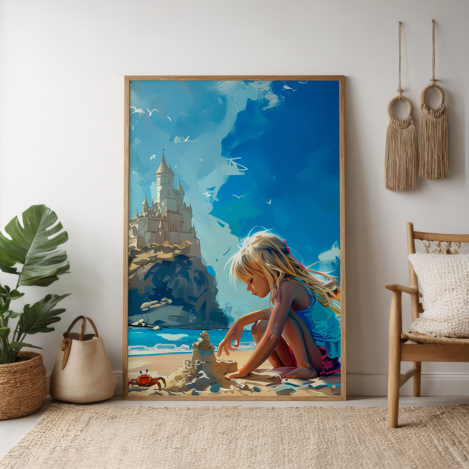 The Little Architect: Whimsical Girl Building Sandcastle Art | Childhood Beach & Nursery Decor