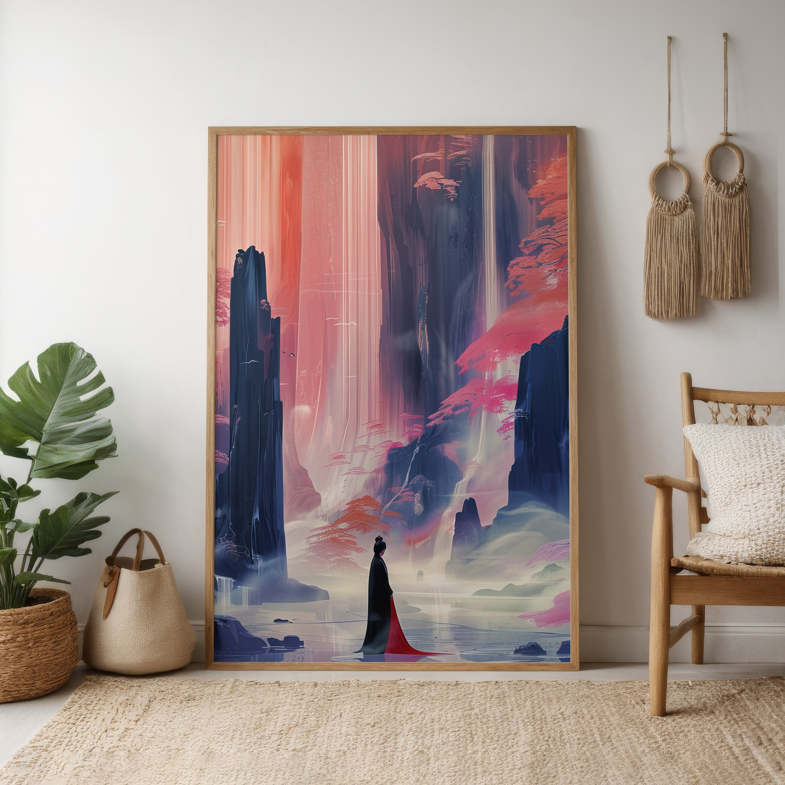 The Crimson Canyon: Ethereal Woman in Red Dress Art | Mystical Waterfall & Fantasy Landscape