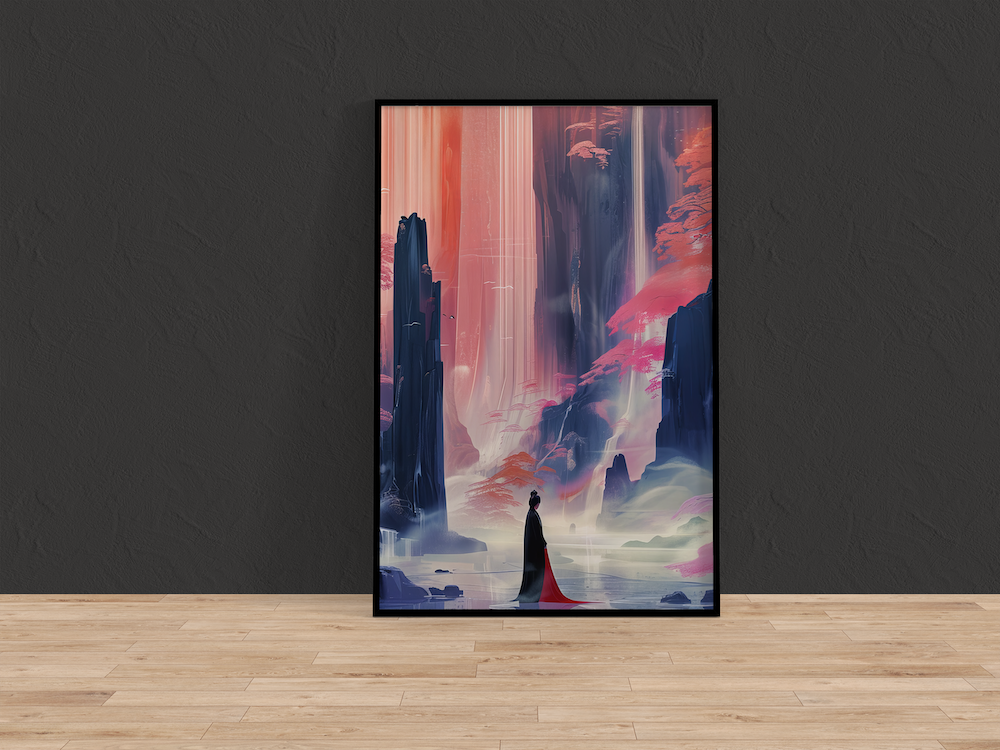 The Crimson Canyon: Ethereal Woman in Red Dress Art | Mystical Waterfall & Fantasy Landscape