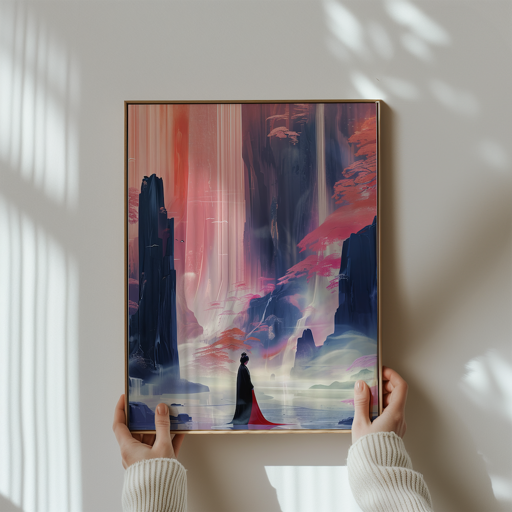 The Crimson Canyon: Ethereal Woman in Red Dress Art | Mystical Waterfall & Fantasy Landscape