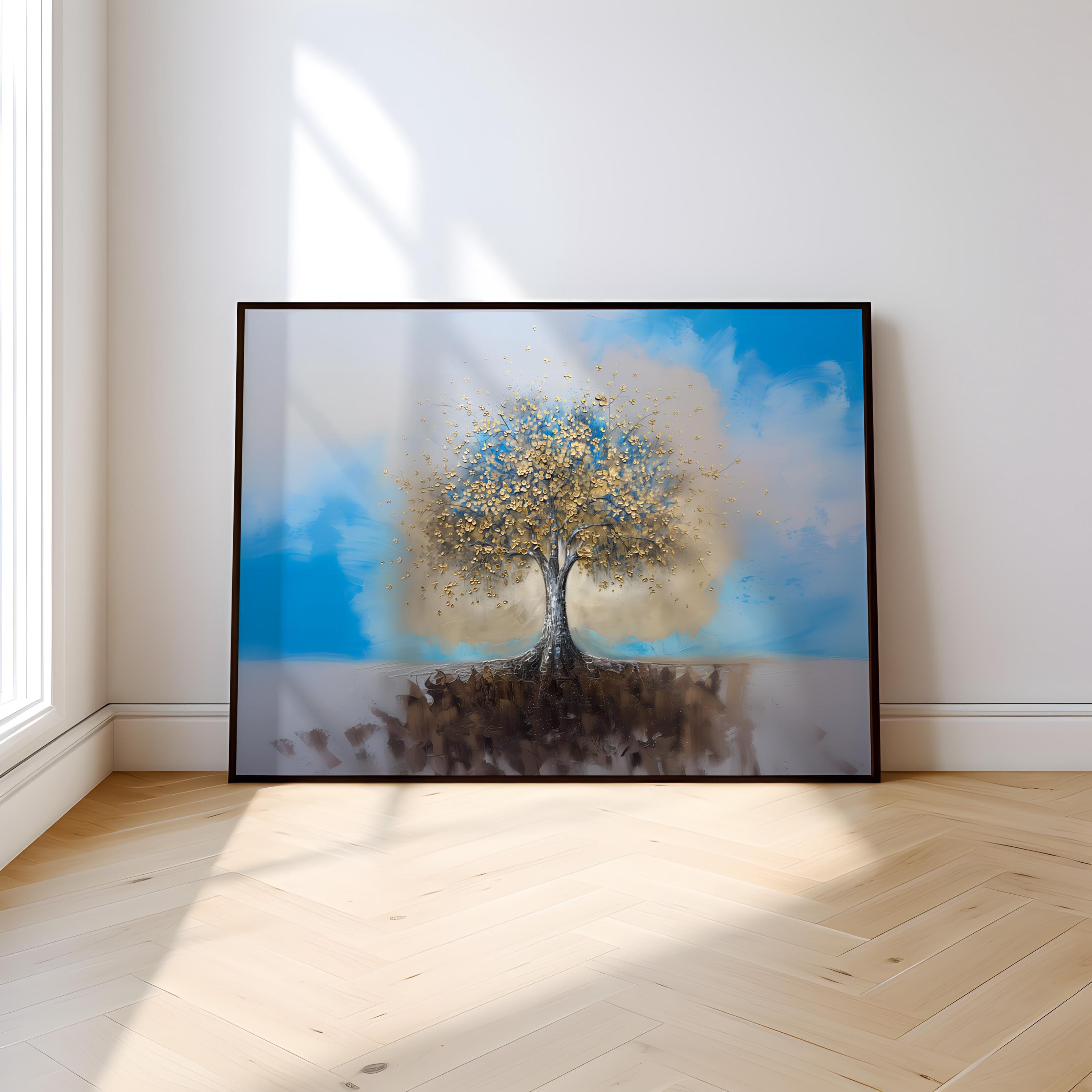 Golden Tree of Life Canvas Art | Blue & Gold Abstract Wall Decor for Serene Spaces