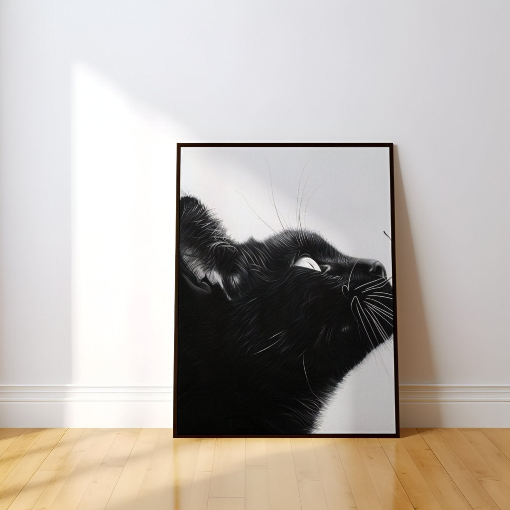 The Gentle Moment: Black Cat and Butterfly Pencil Sketch | Whimsical Monochrome Wall Art