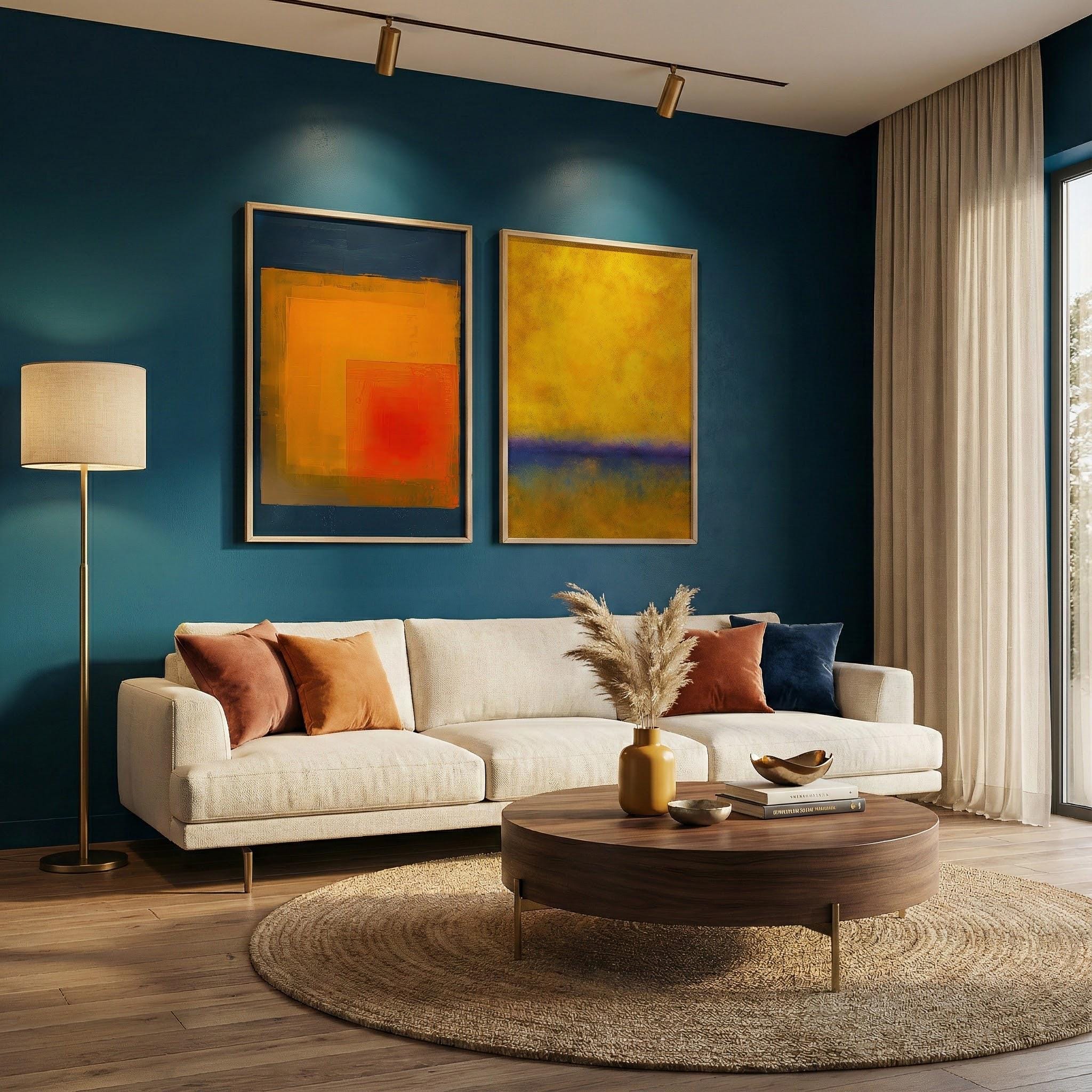 Minimalist Abstract Art Set - Warm Style in Yellow and Indigo