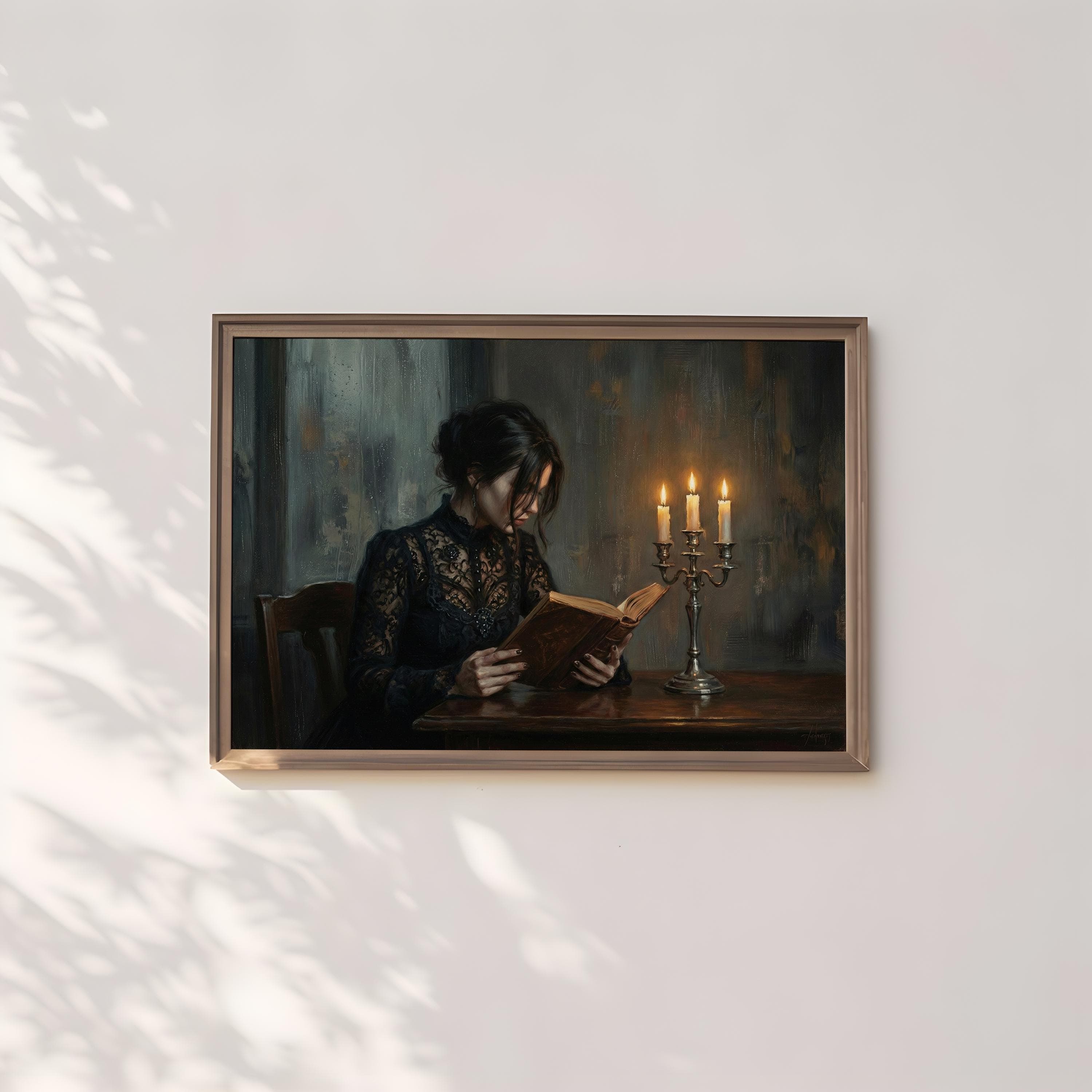 Moody Woman Reading Art - Dark Academia, Candlelit Gothic Scene