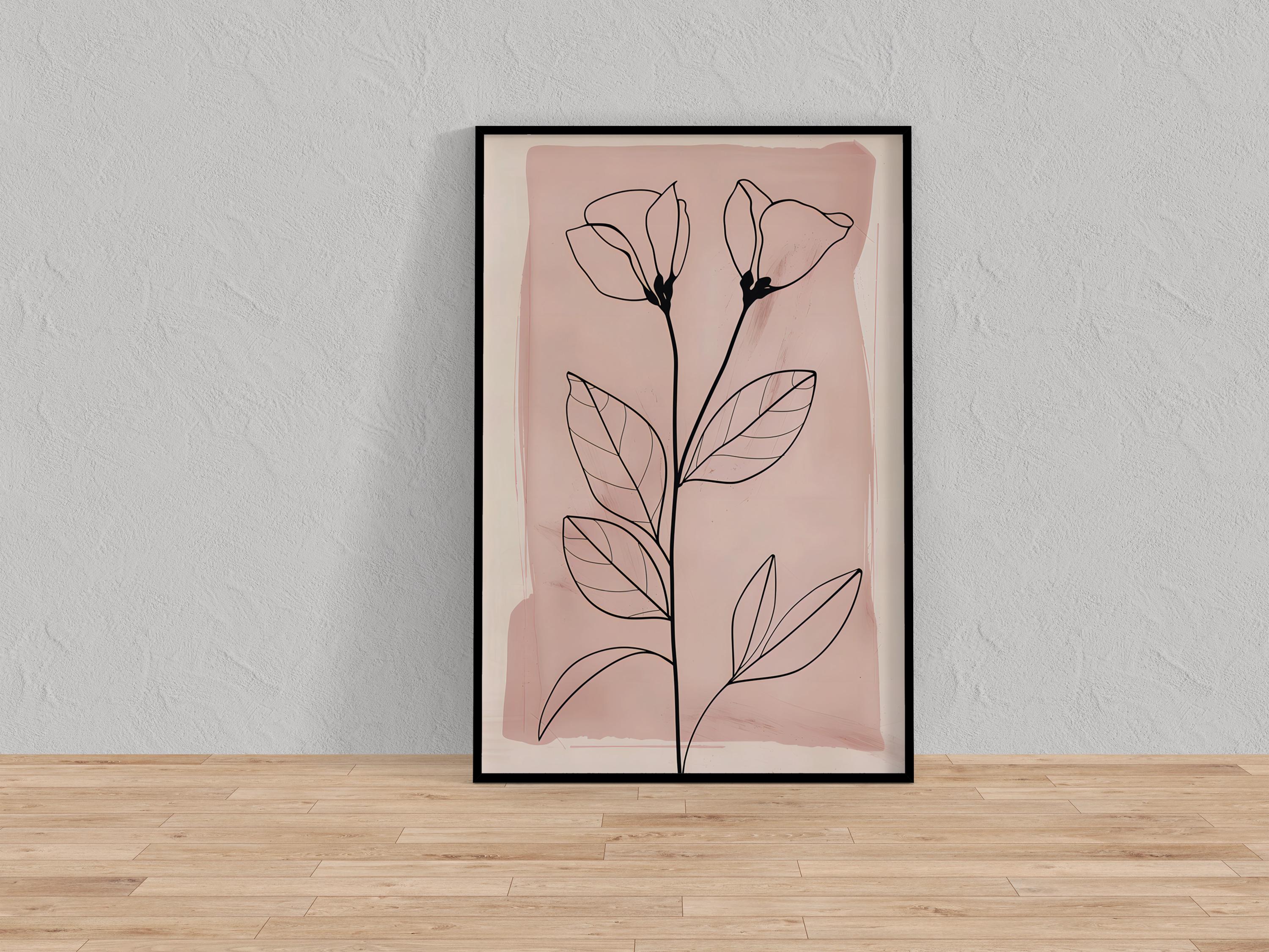 Blushing Botanicals: Elegant Pink Line Art Print | Chic & Minimalist Floral Wall Decor