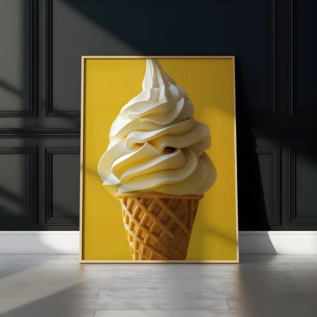 Summer Bliss: Minimalist Soft-Serve Ice Cream Cone Art | Vibrant Yellow Pop Art Print