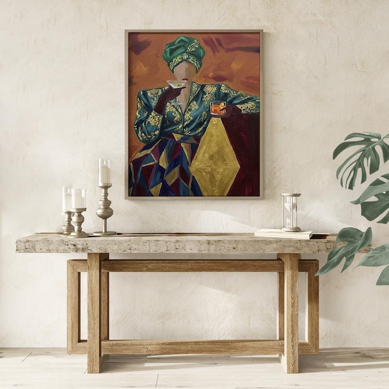Emerald Turban Cocktail Woman Art - Abstract Vintage Style Print