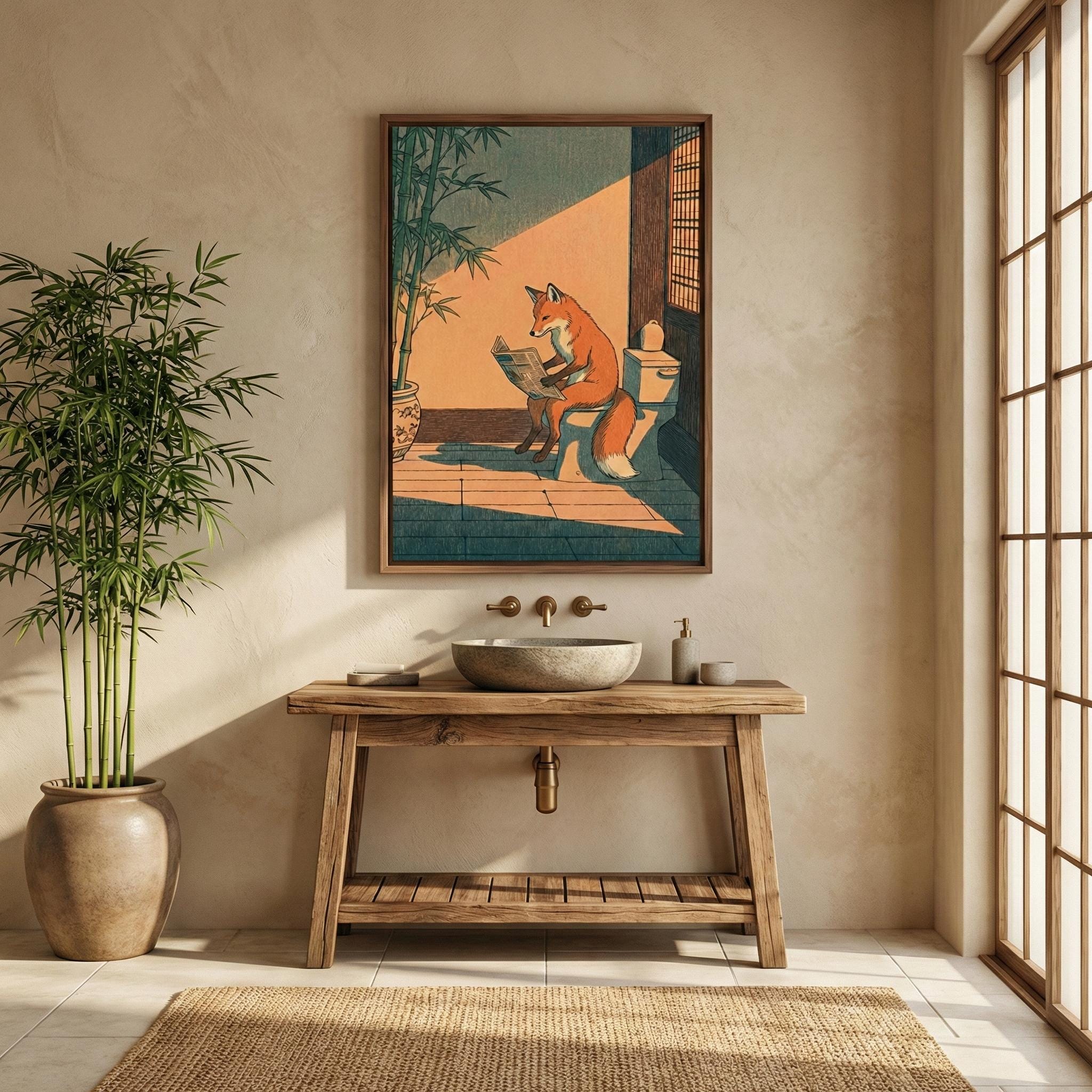 Bathroom Wall Art: Humorous Red Fox on Toilet - Ukiyo-e Style Print