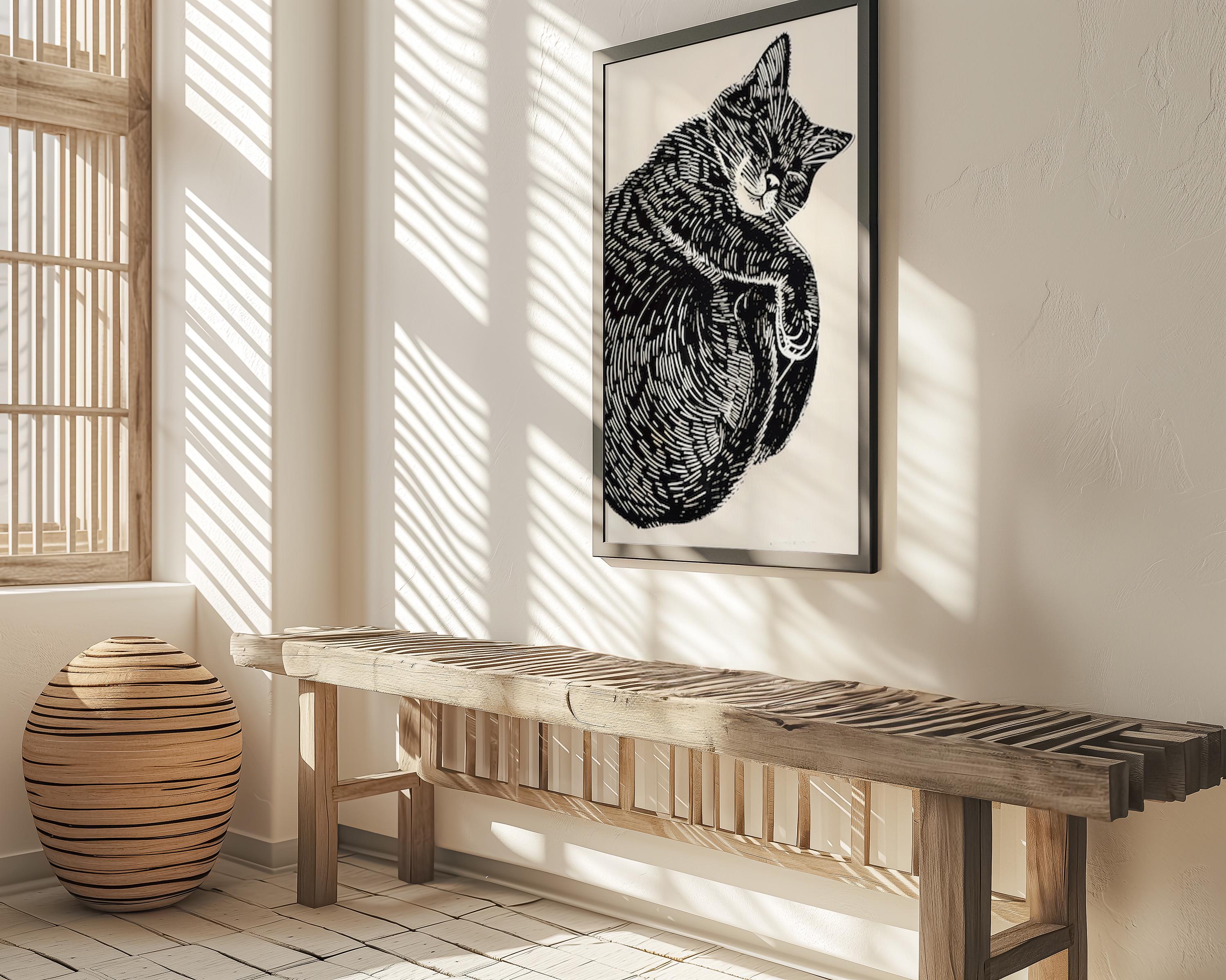 Peaceful Cat Nap: Whimsical Linocut Art Print | Cozy & Serene Wall Decor for Cat Lovers