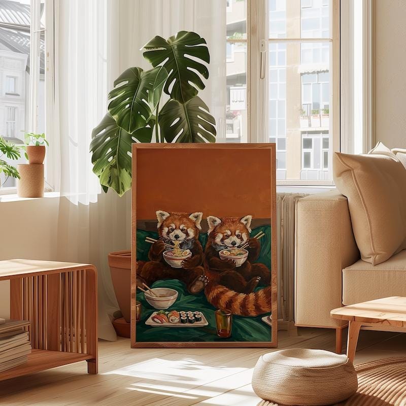 Funny Red Panda Wall Art: Cute Sushi Date - Cozy Kitchen Decor