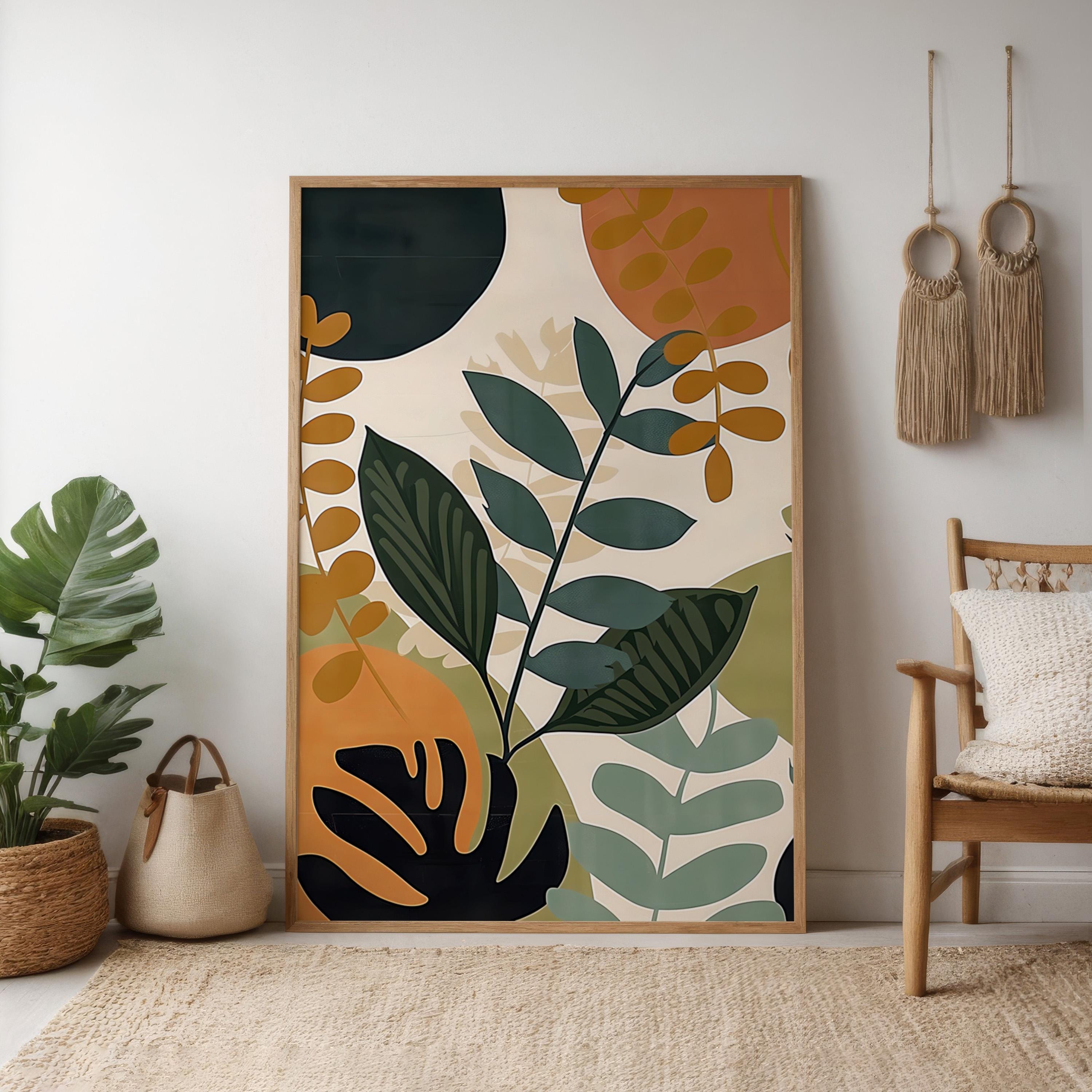 Boho Tropical Leaves Canvas, Mid-Century Modern Style (Ready to Hang)