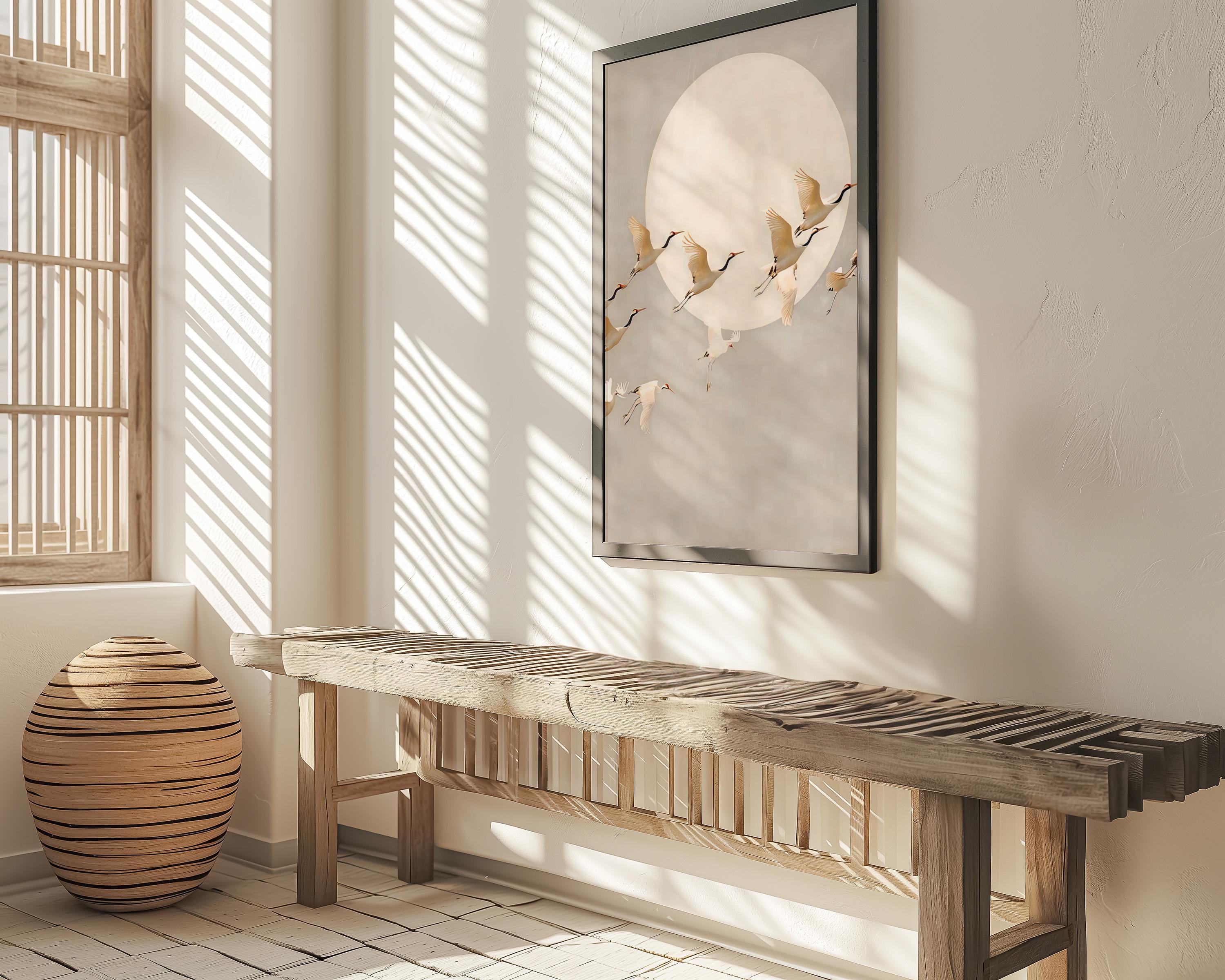 Moonlit Cranes: Serene Japanese Inspired Art | Ethereal Crane & Moon Wall Decor