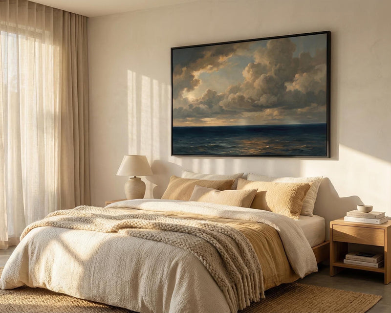 Vintage Seascape Oil Painting Dramatic Cloud Wall Art Moody Ocean Coastal Decor Framed Canvas Print