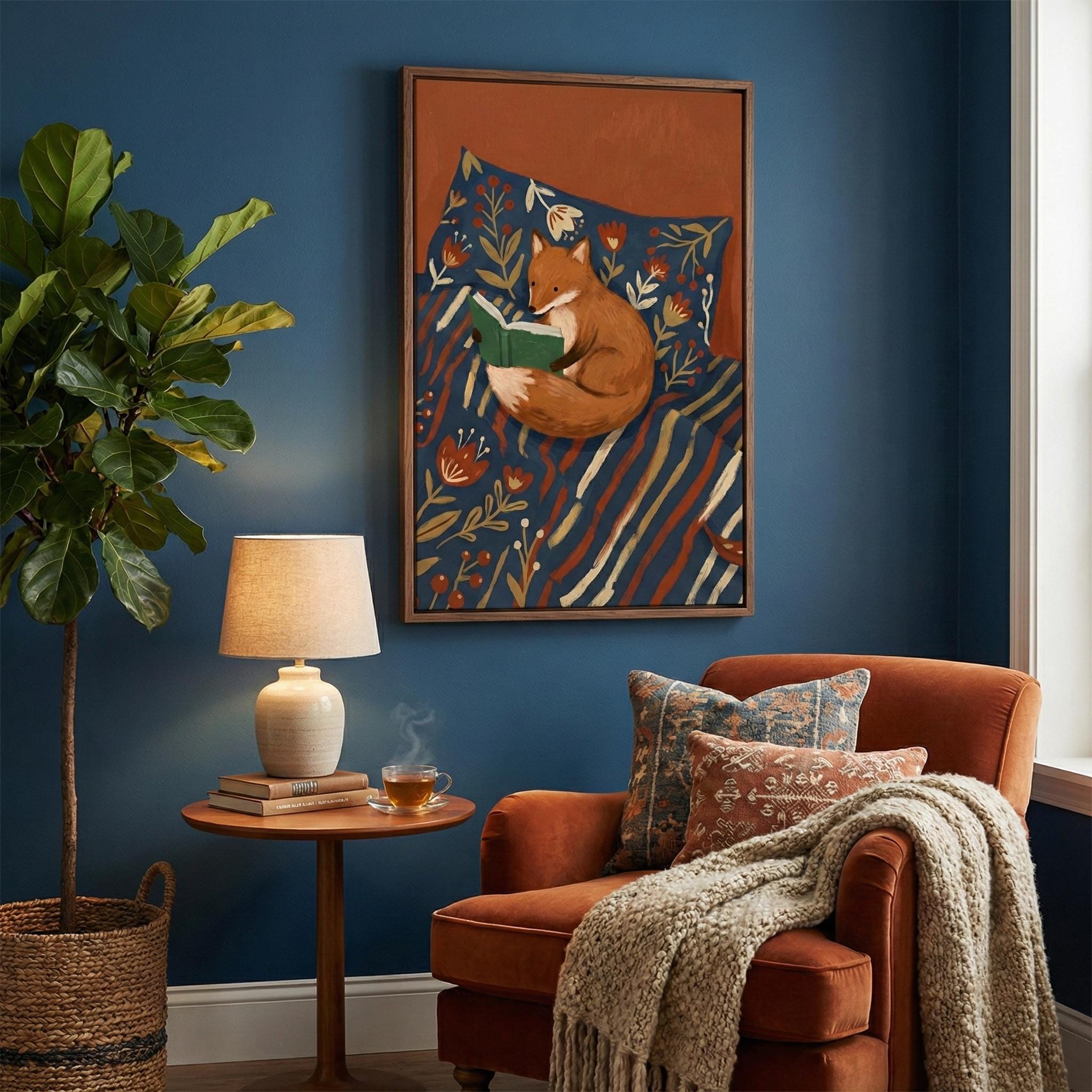 Fox Reading Illustration: Woodland Animal Art (Canvas or Print)