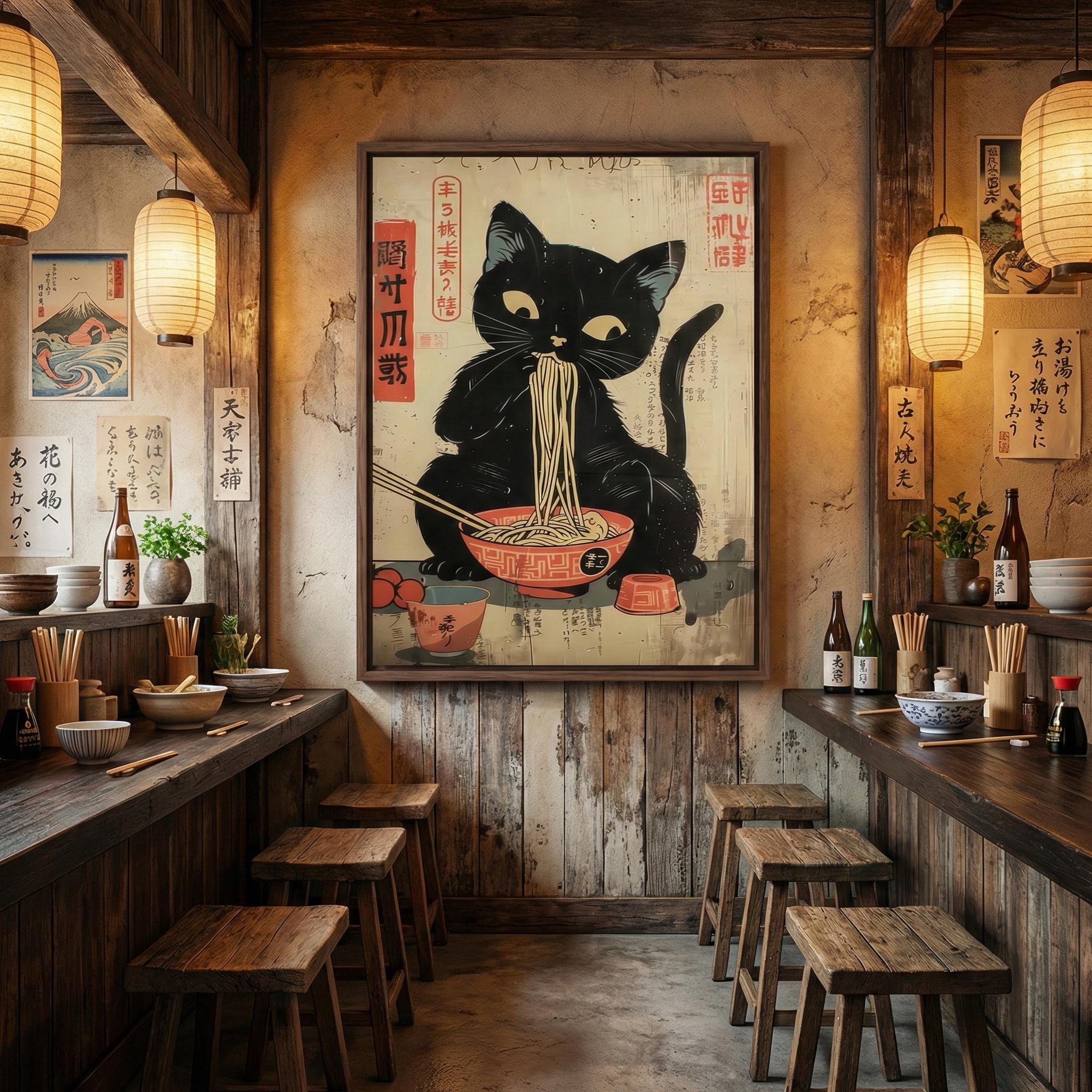 Whimsical Black Cat Ramen Art - Cozy Japanese Edo Decor