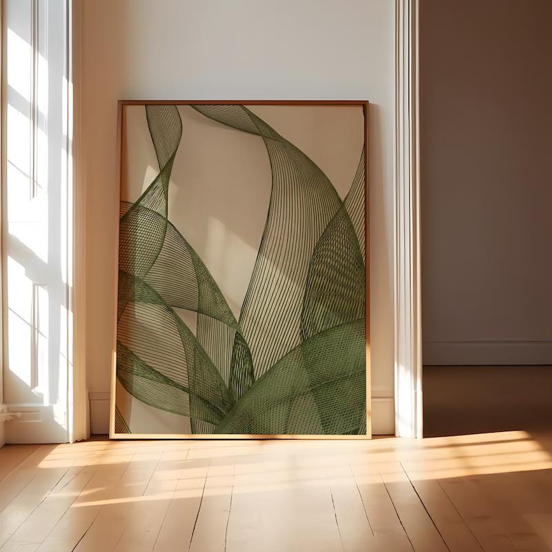 Abstract Olive Green Wall Art: Modern Sage and Beige Mesh Print
